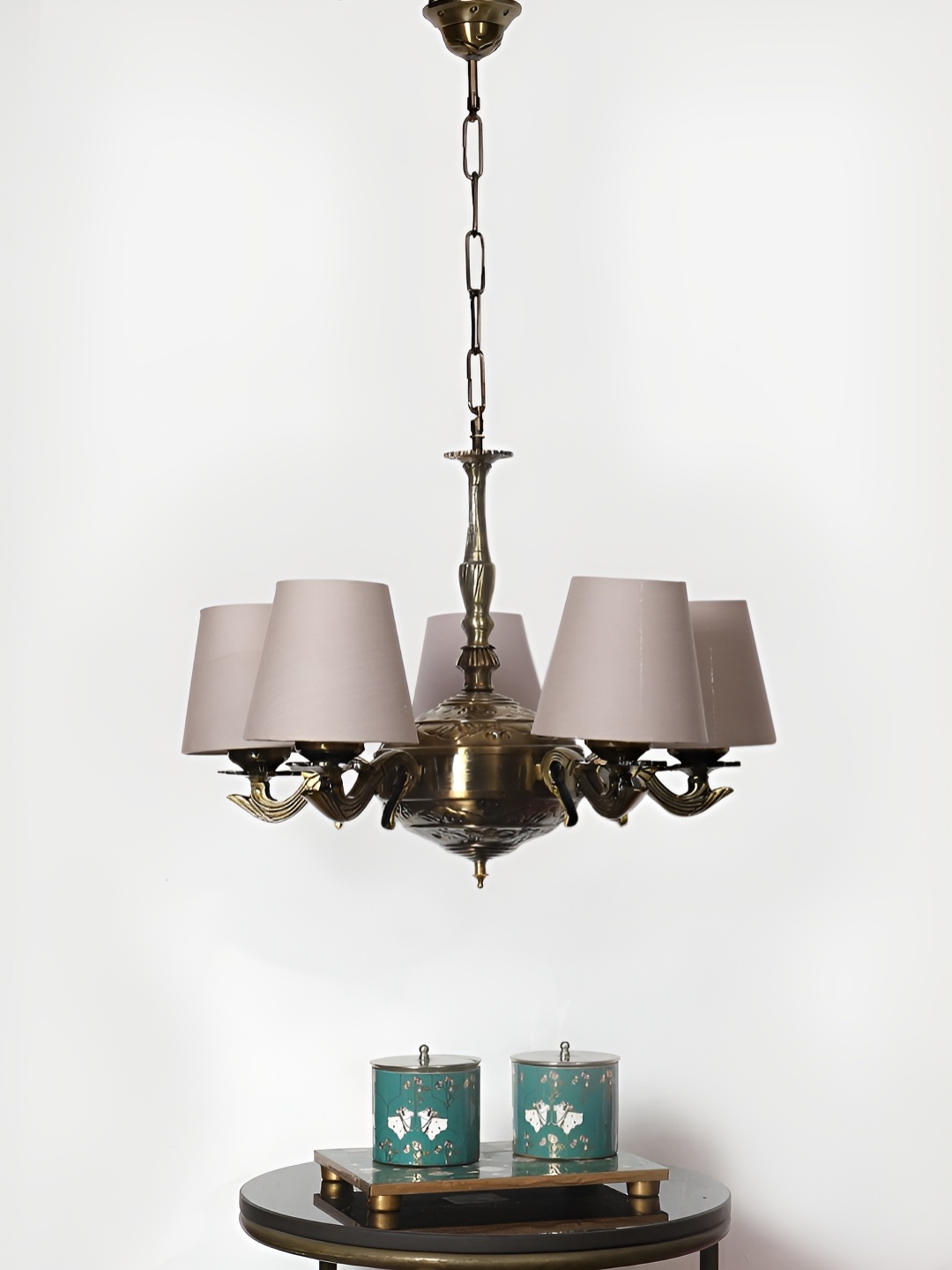 

Devansh Grey Conical cotton shade with Antique Golden Chandelier Metal Ceiling Lamp