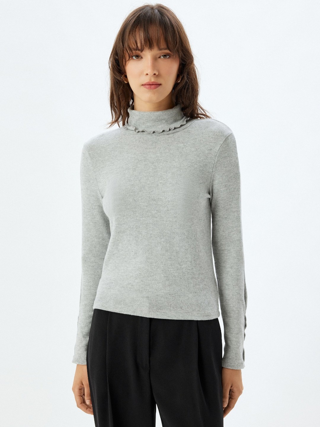 

Koton Women Solid High Neck T-shirt, Grey