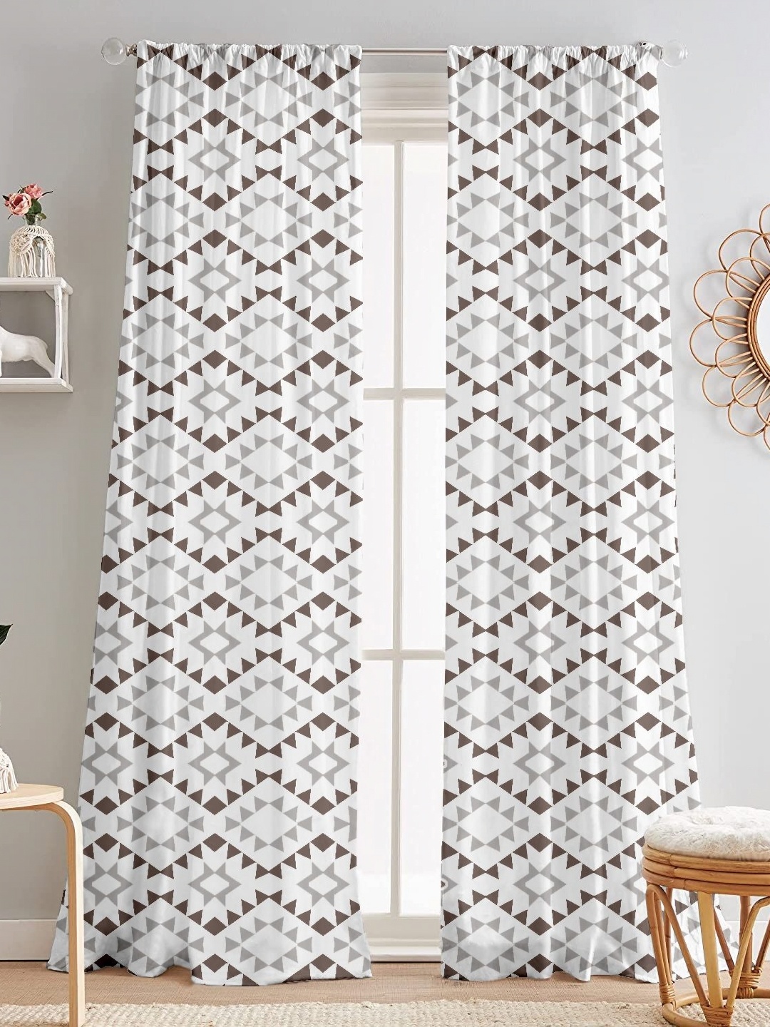 

Lushomes White & Brown 2 Pieces Geometric Sheer Door Curtain