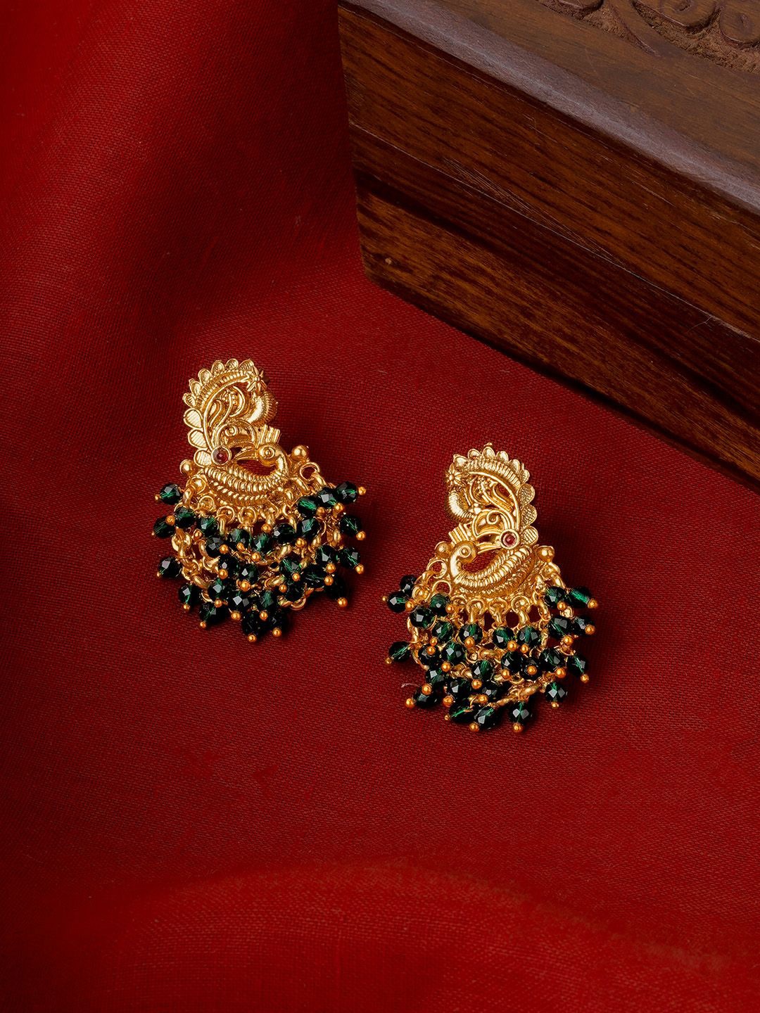 

TEEJH Gold-Plated Stone Studded Temple Contemporary Studs, Green