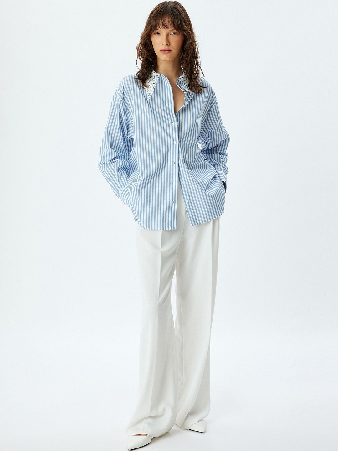 

Koton Women Cutaway Collar Vertical Striped Cotton Oversized Casual Shirt, Blue