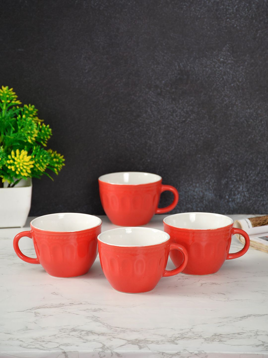 

CLIO'S HERITAGE STORE Red 4 Pieces Textured Ceramic Glossy Mugs 150 ml