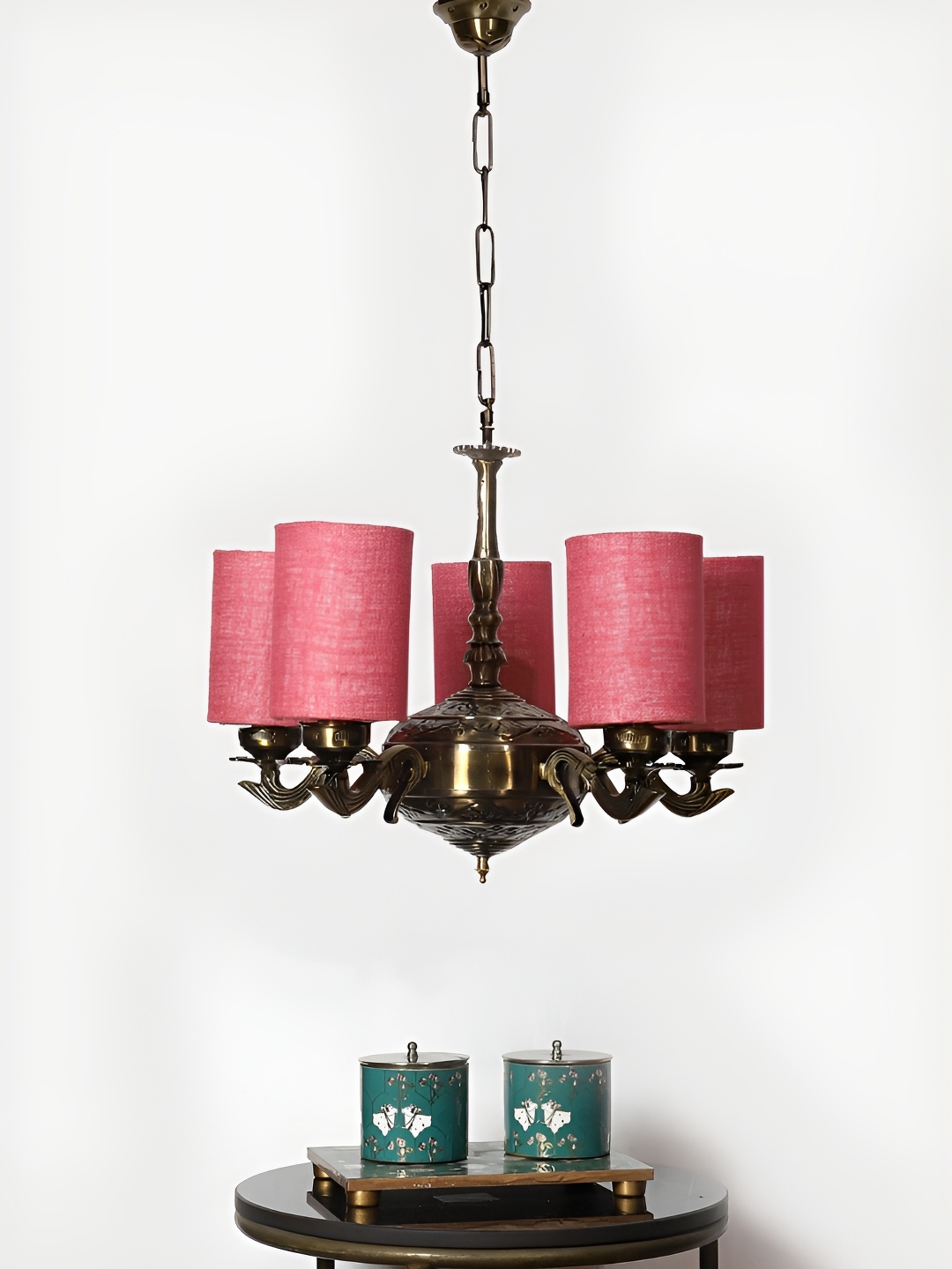 

Devansh Pink Jute Round shade with Antique Golden Chandelier Metal Ceiling Lamp