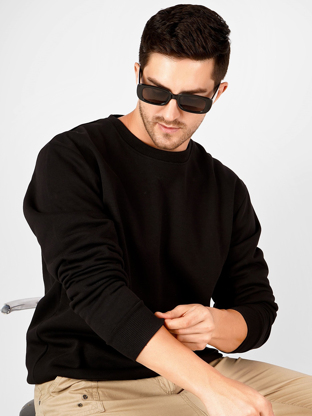 

MIMID Men Solid Round Neck Cotton Pullover Ribbed Sweatshirt, Black