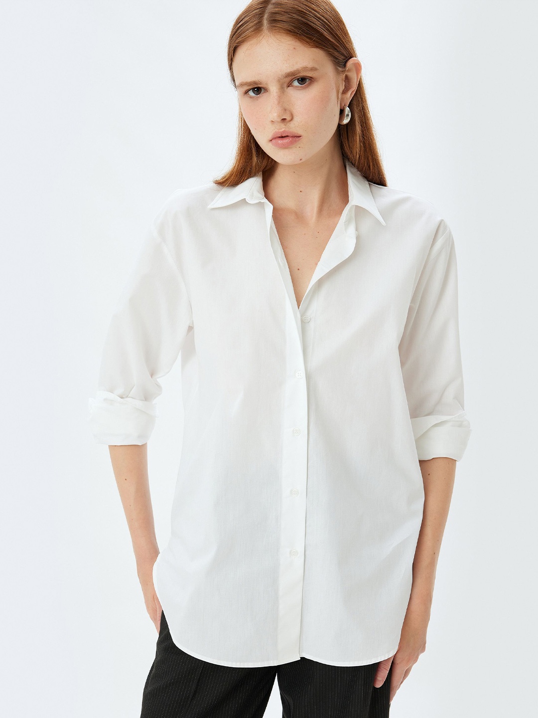 

Koton Women Spread Collar Solid Cotton Oversized Casual Shirt, White