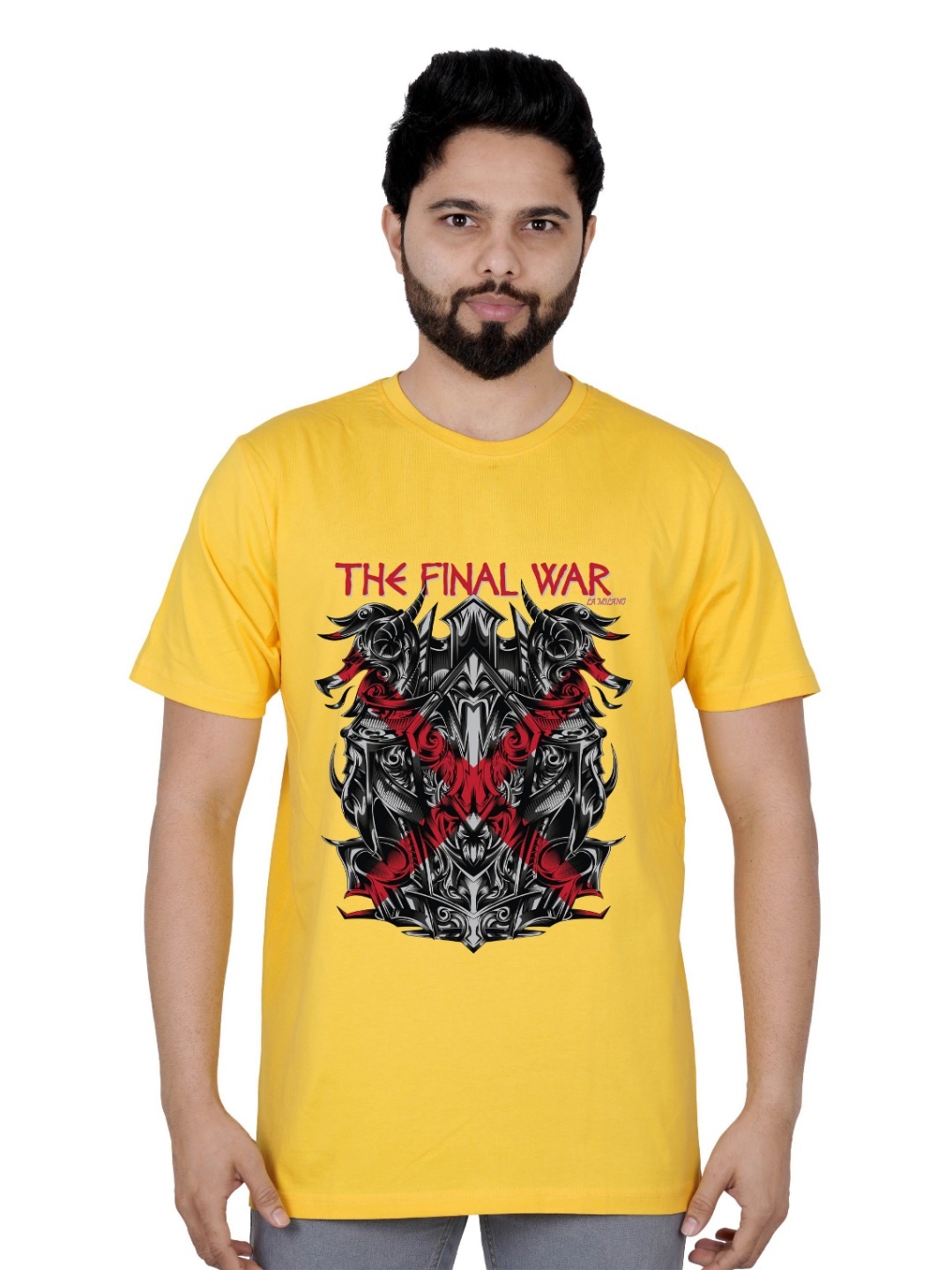 

LA MILANO Men Graphic Printed Round Neck Pure Cotton Slim Fit T-shirt, Yellow
