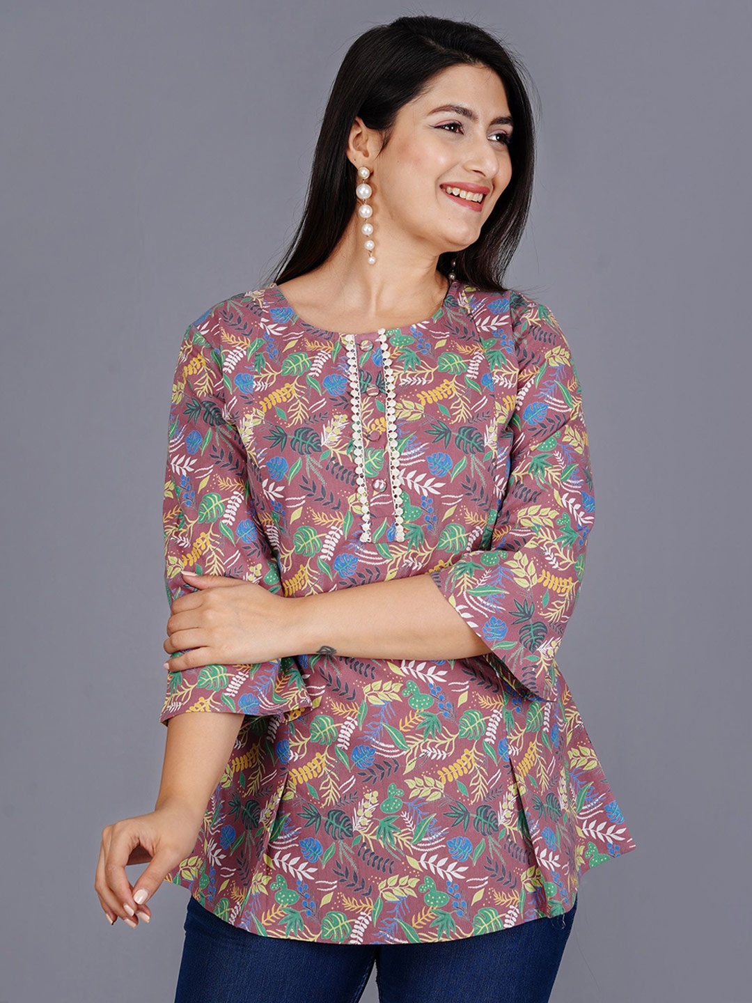 

Cloth Bites Women Floral Print Flared Sleeve Cotton Lace Kurti, Mauve