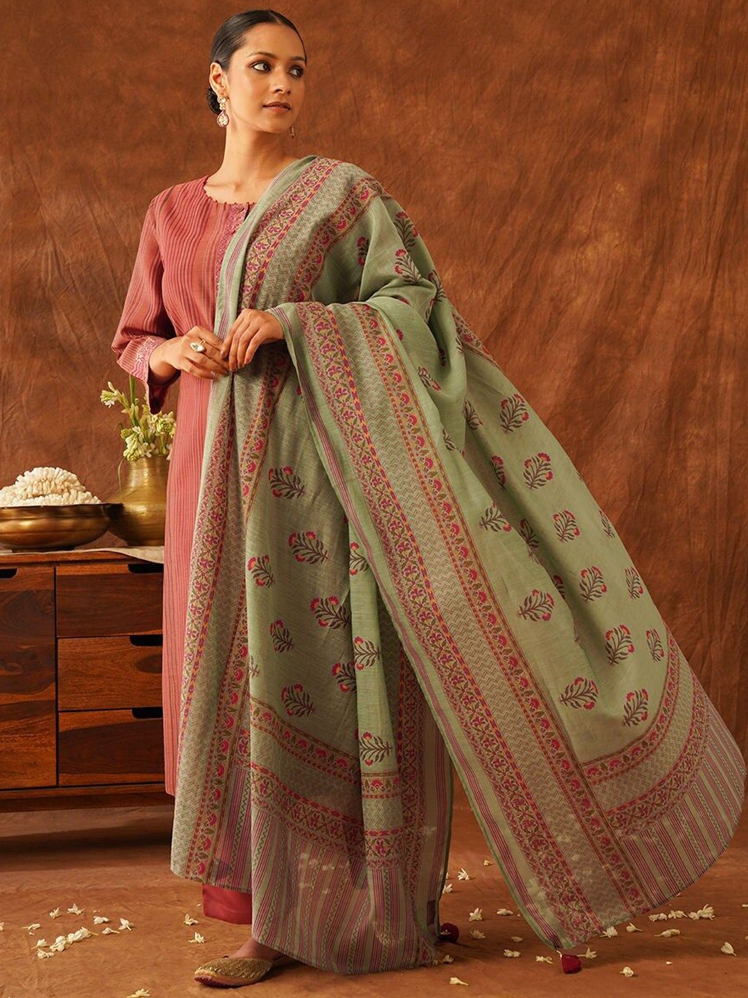 

JAYPORE Printed Cotton Silk Dupatta, Green