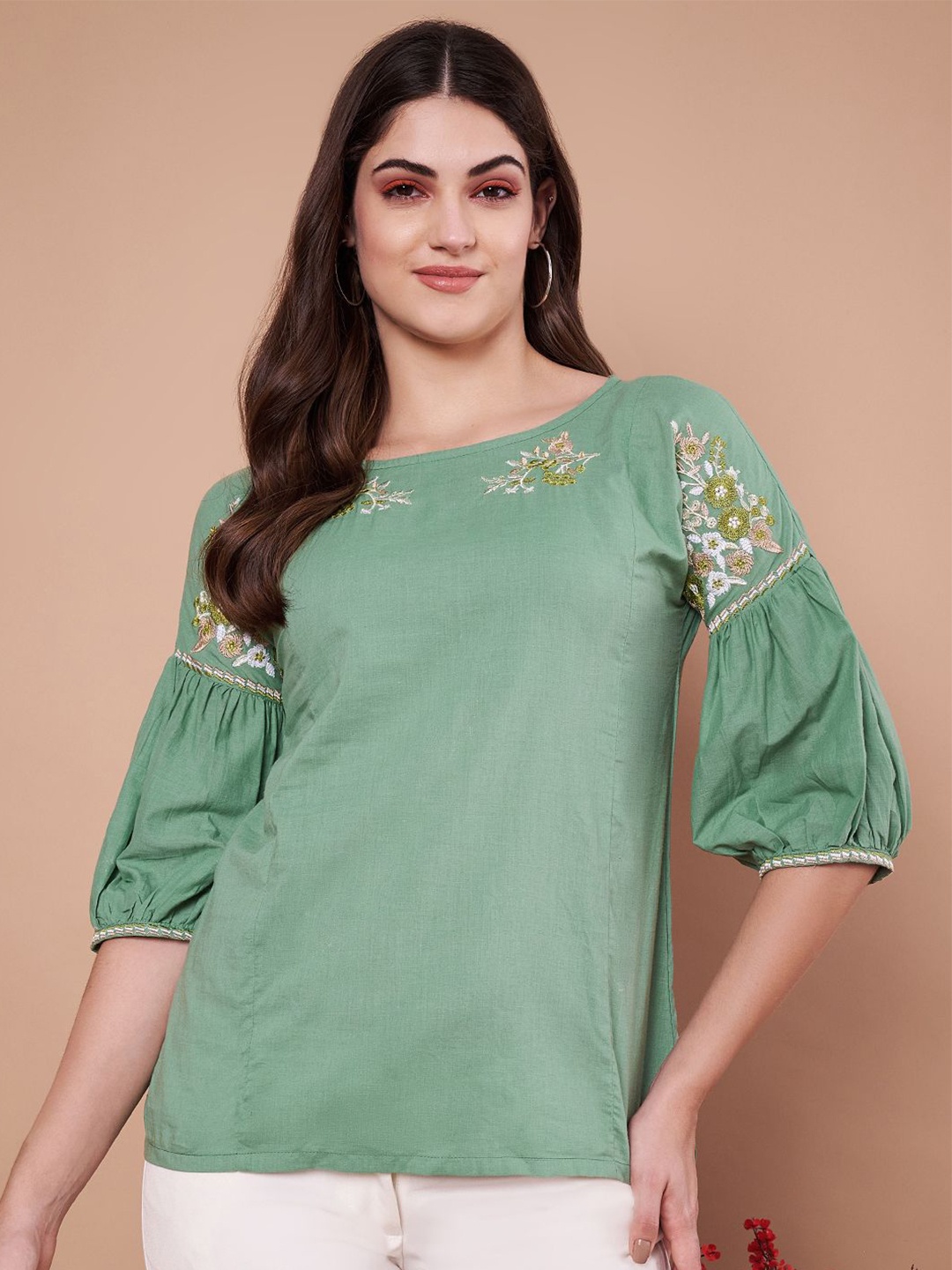 

Anouk Women Embroidered Puff Sleeve Cotton Top, Olive