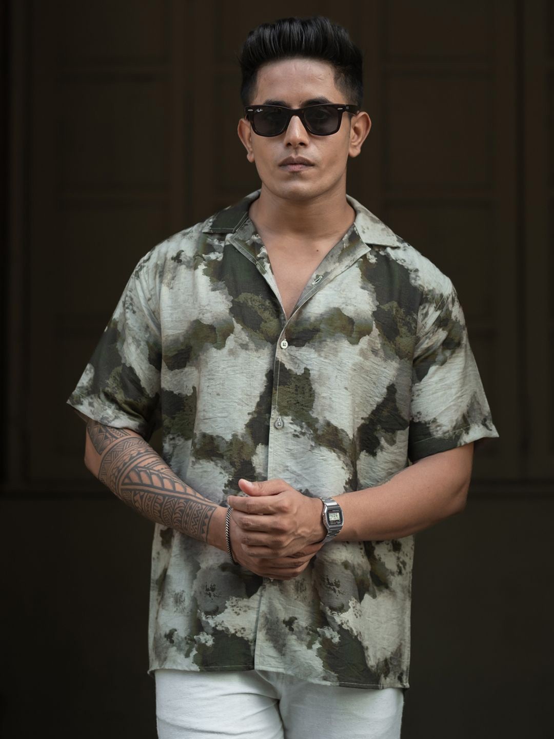 

Powerlook Men Cuban Collar Abstract Printed Casual Shirt, Olive