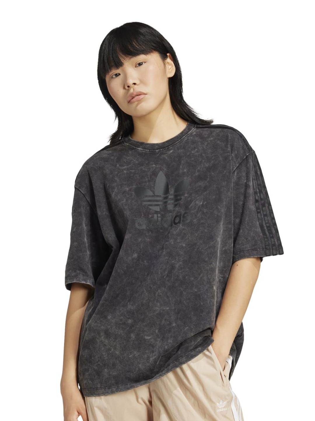 

ADIDAS Women Dyed Round Neck Cotton Oversized T-shirt, Black