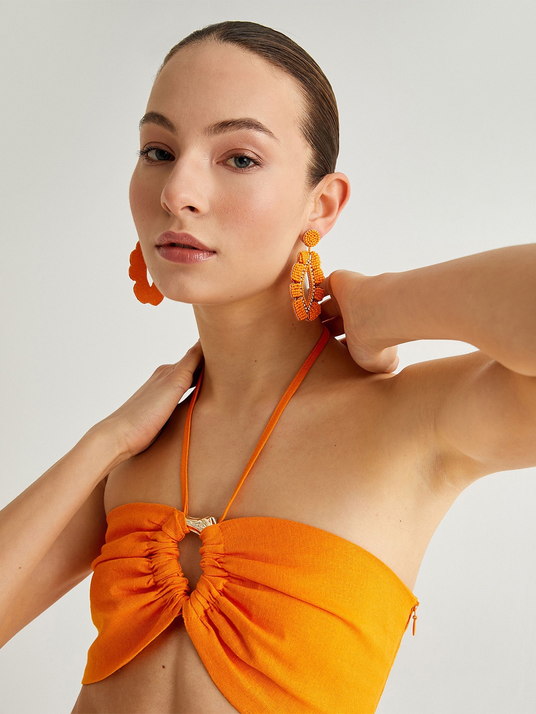 

Koton Women Solid Halter Neck Linen Top, Orange