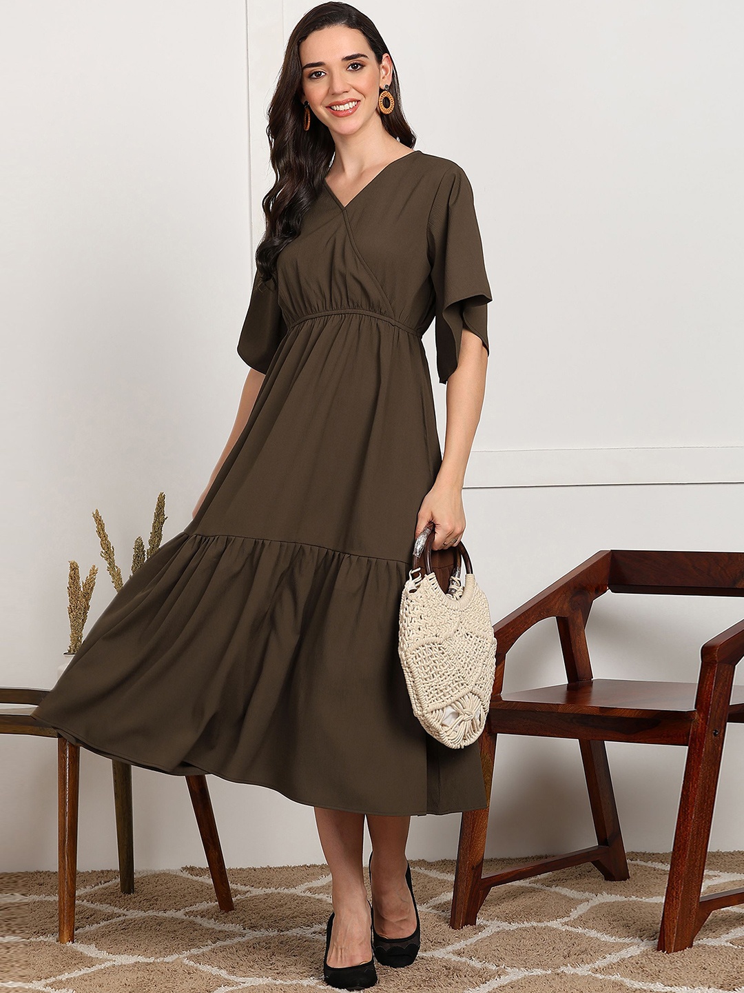 

Murcia Bell Sleeve Crepe Solid Fit & Flare Midi Dress, Brown