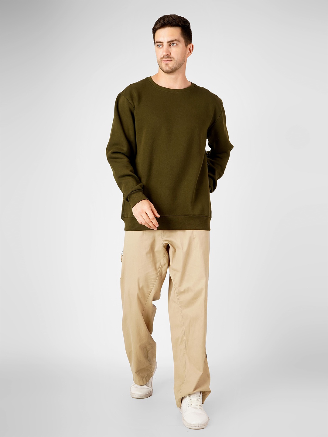 

MIMID Men Solid Round Neck Cotton Pullover Ribbed Sweatshirt, Green