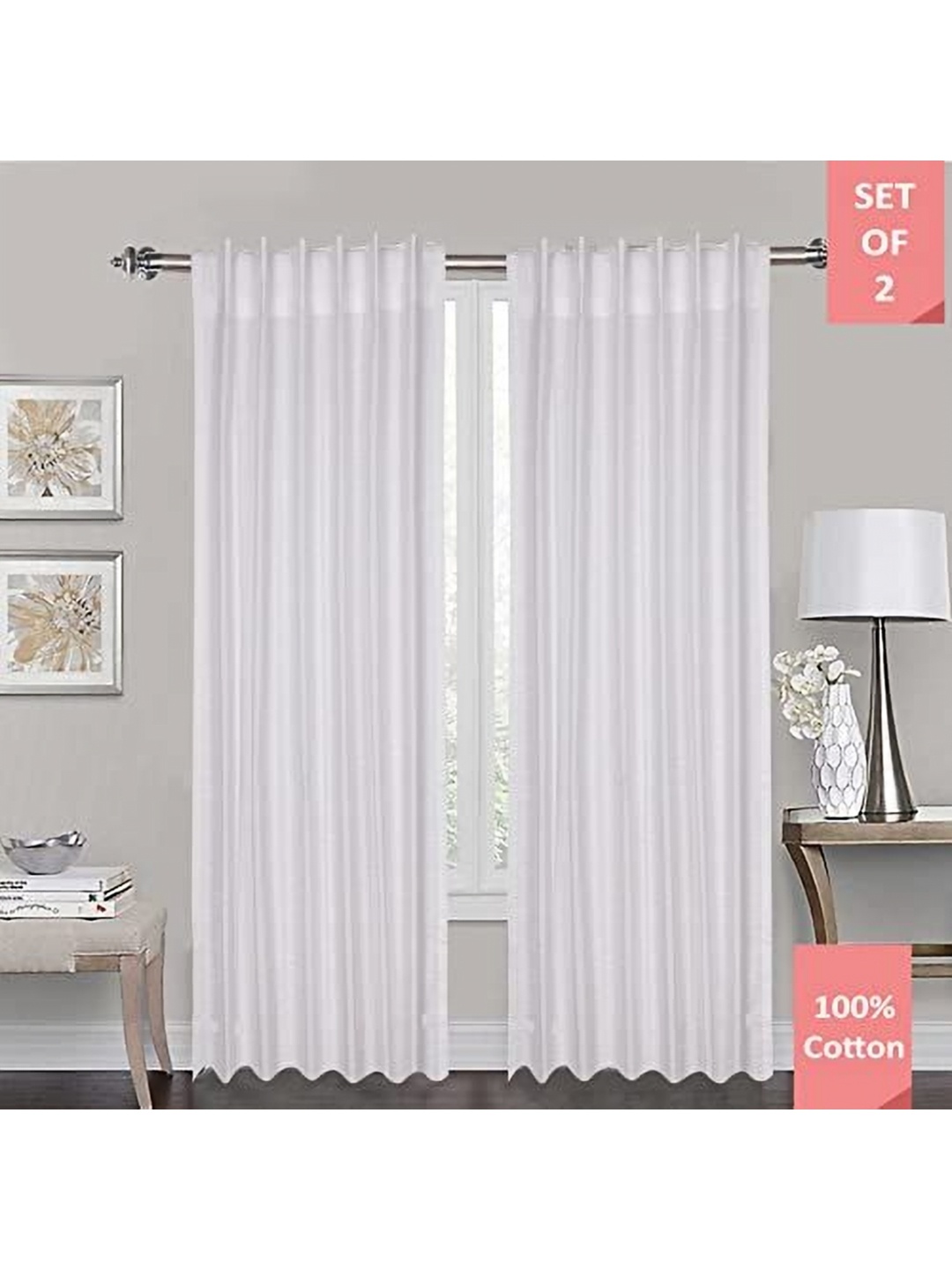 

Lushomes White 2 Pieces Sheer Slub Cotton Rod Pocket Window Curtains