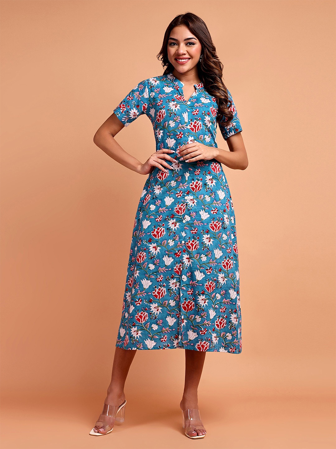 

Vastara the Label Floral Print A-Line Midi Cotton Dress, Blue