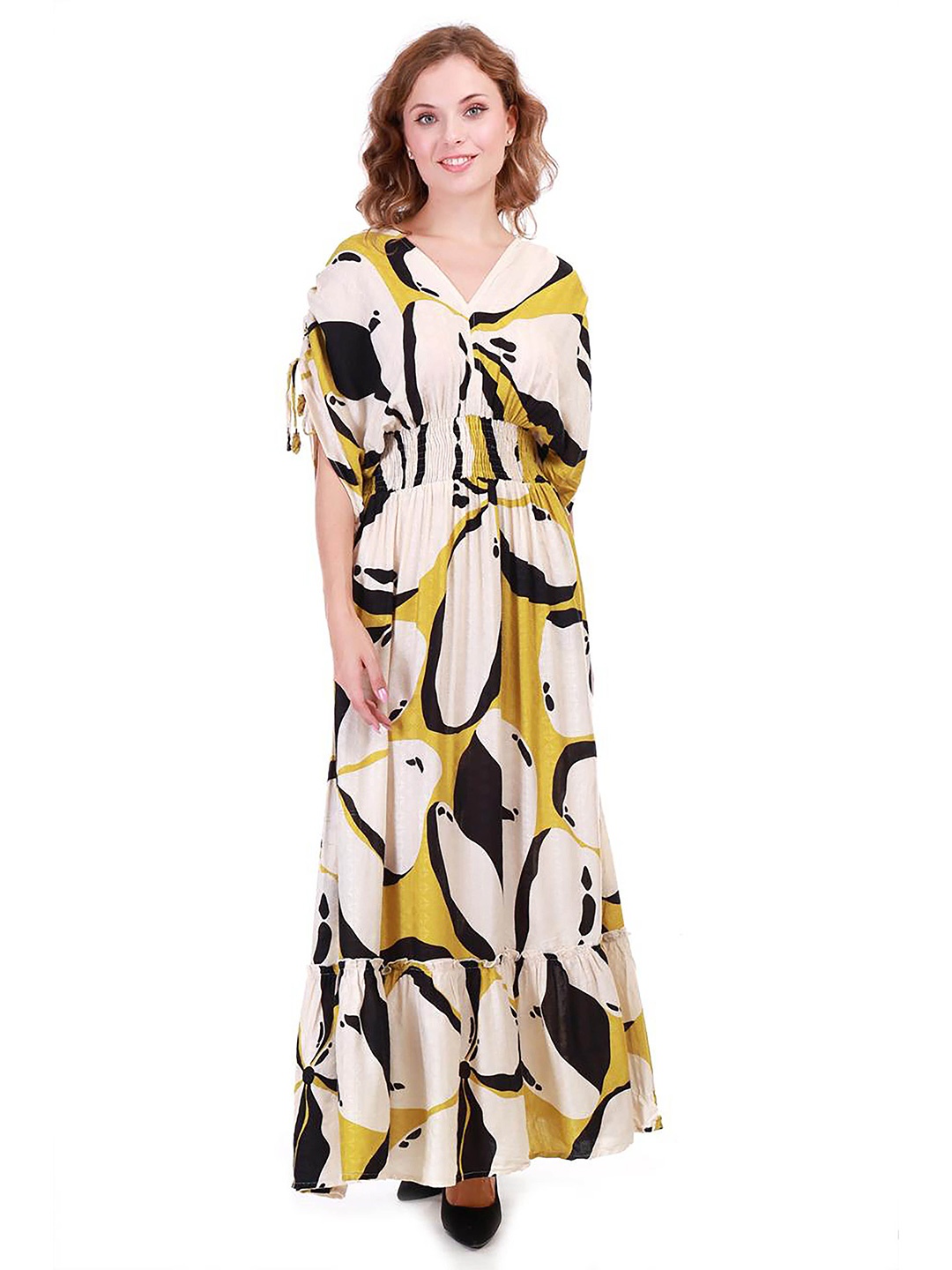 

KWEEN V-Neck Printed Maxi Dress, Yellow