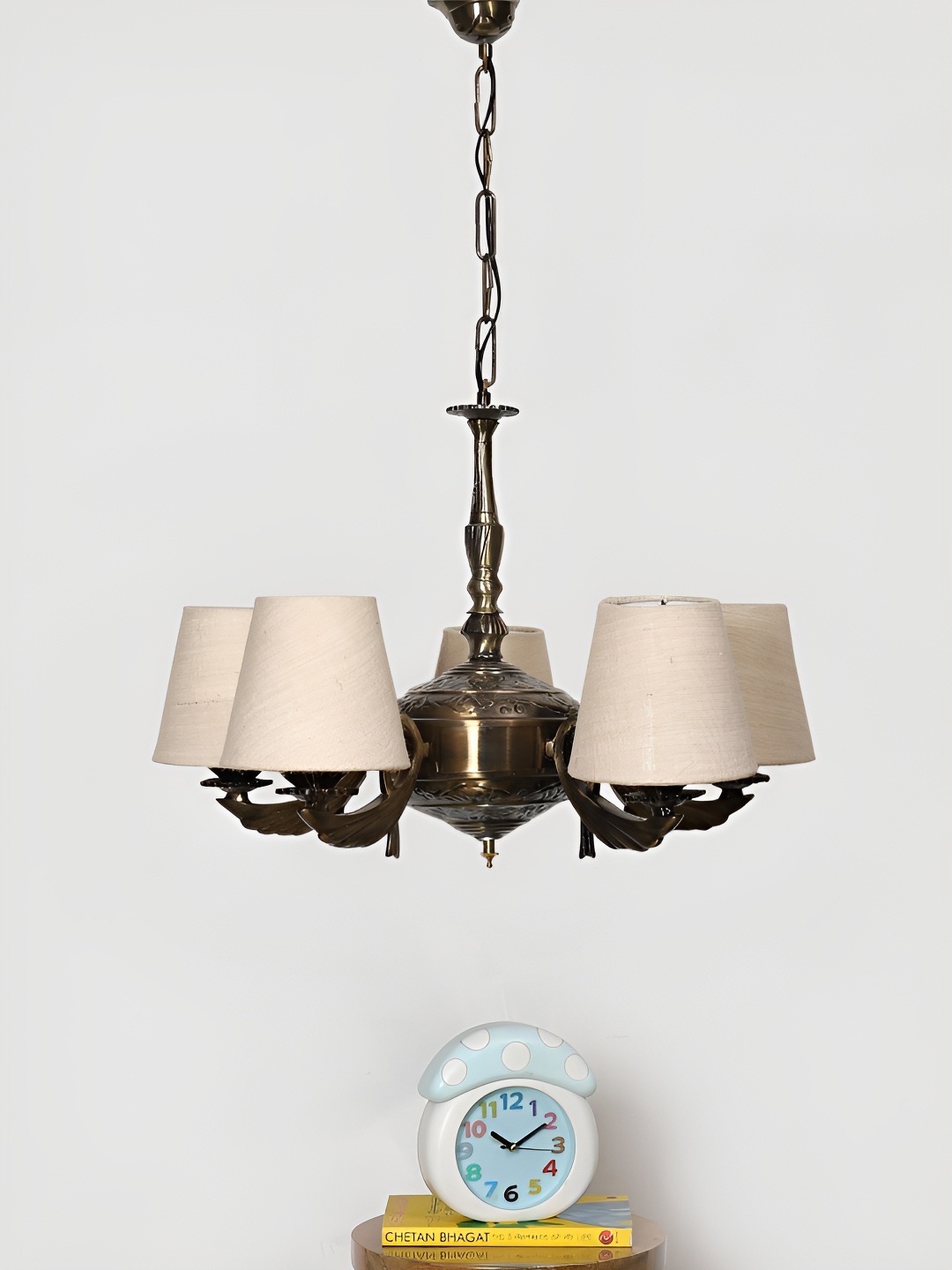 

Devansh White Textured conical shade with Antique Golden Chandelier Metal Ceiling Lamp