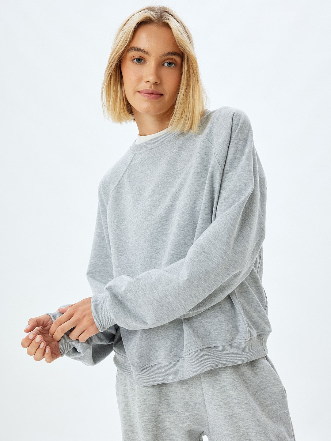 

Koton Women Solid Round Neck Cotton Pullover Ribbed Sweatshirt, Grey