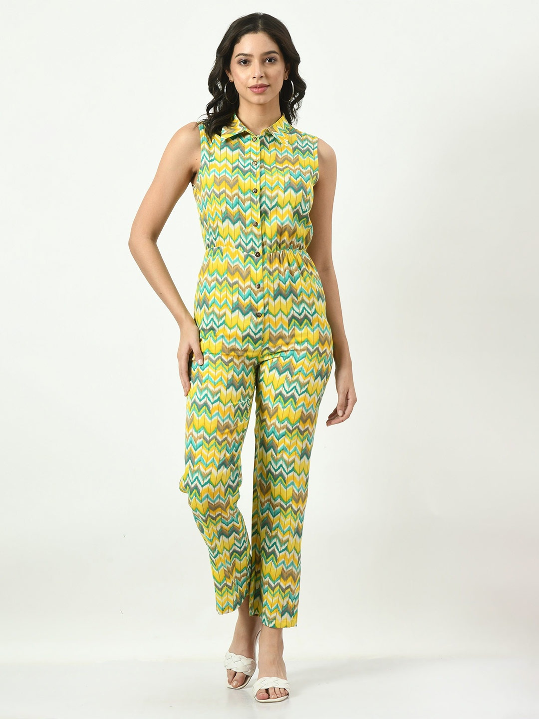 

VAPPSYAM Printed Pure Cotton Top With Trouser Co-Ords, Yellow