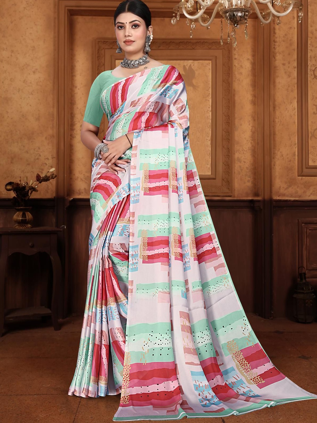 

Mitera Abstract Printed Satin Saree, White