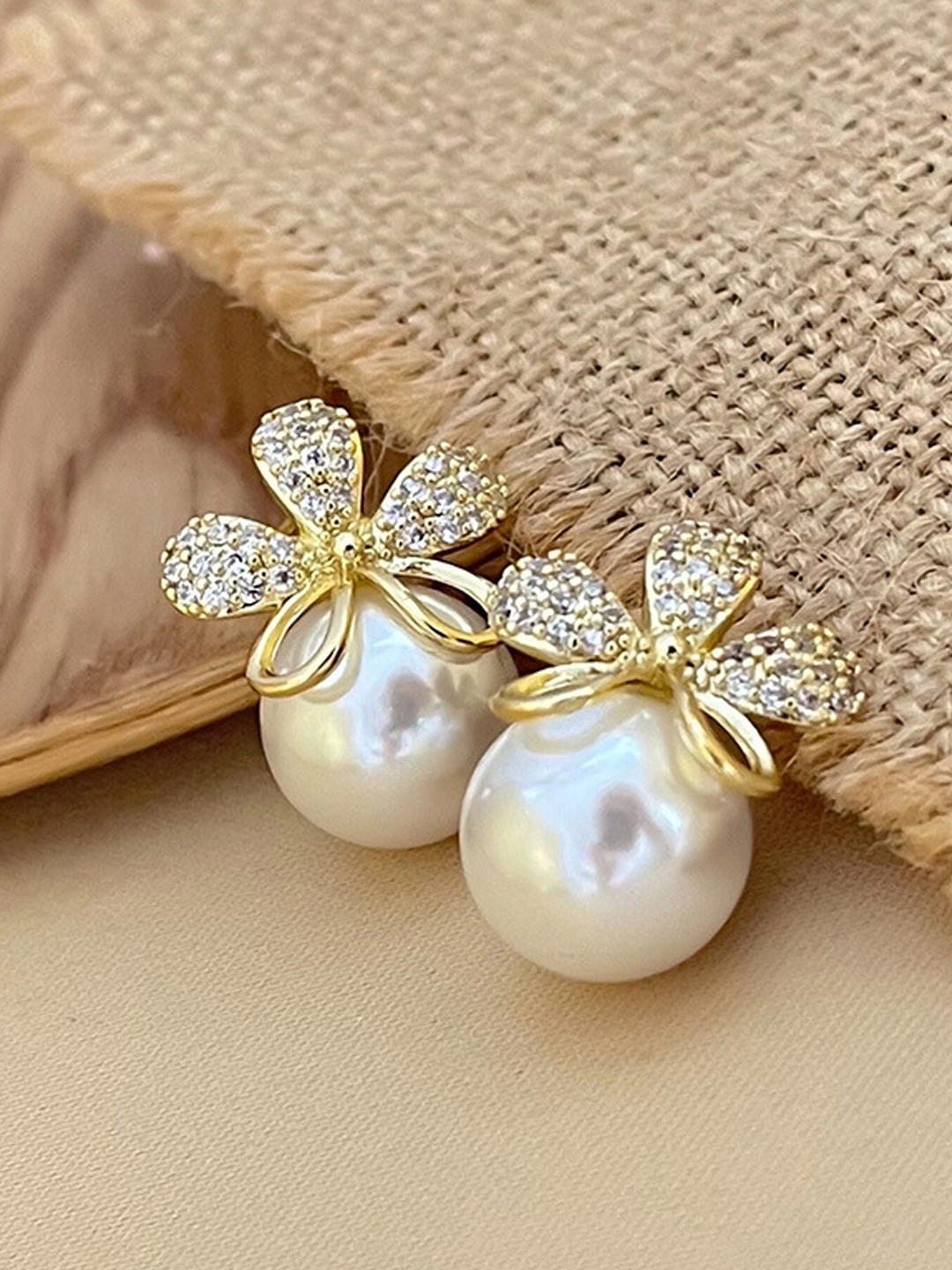 

VAGHBHATT Gold Plated Pearl & Rhinestone Floral Studs