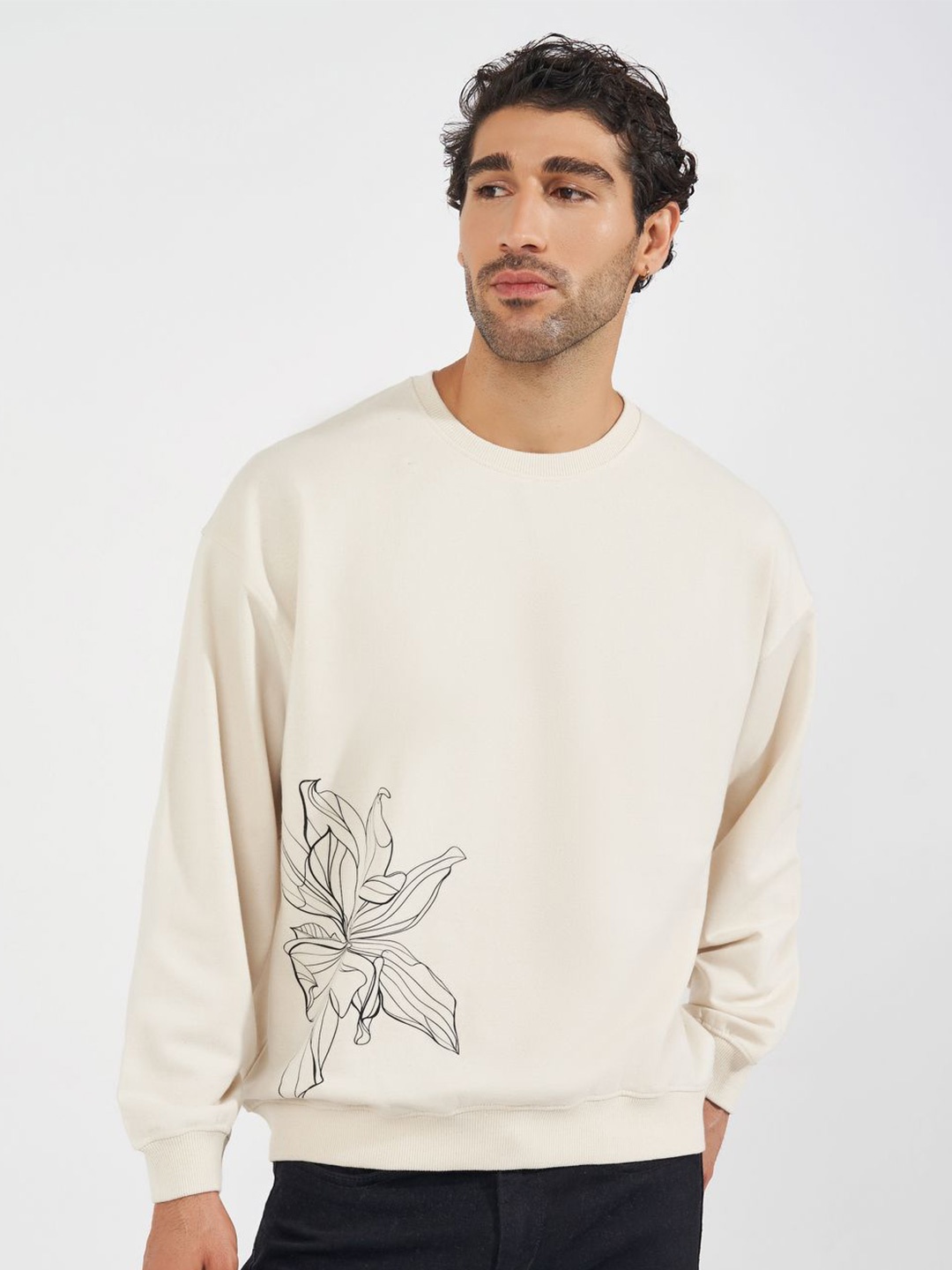 

Styli Men Floral Printed Round Neck Cotton Pullover Ribbed Sweatshirt, Cream