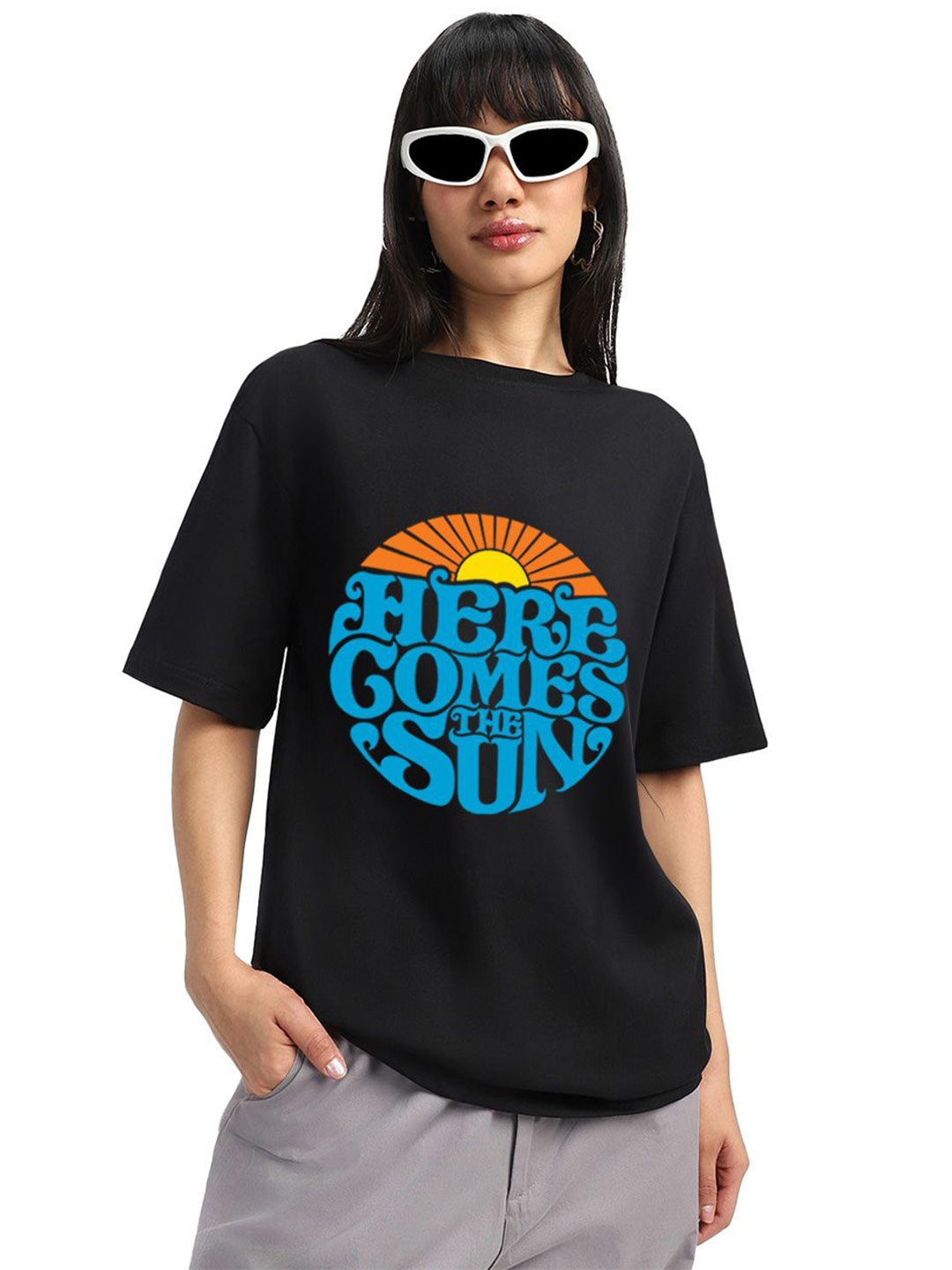 

JUNEBERRY Women Typography Printed Round Neck Pure Cotton Oversized T-shirt, Black