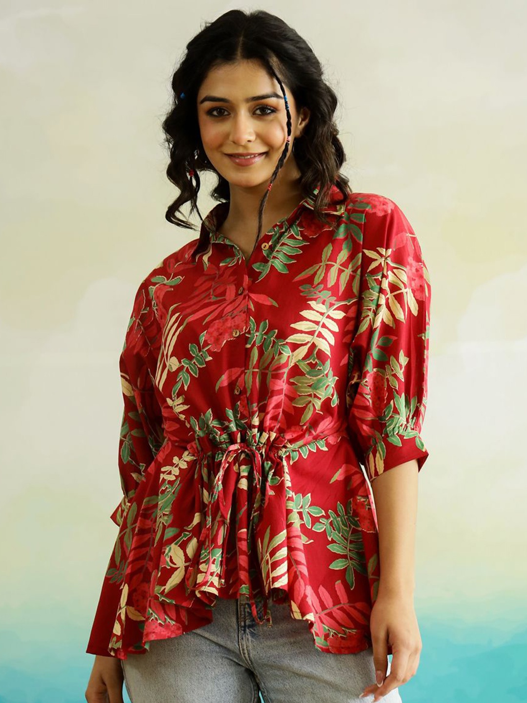 

SANSKRUTIHOMES Tropical Printed Tie-Ups Detail Pure Cotton Shirt Style Top, Red