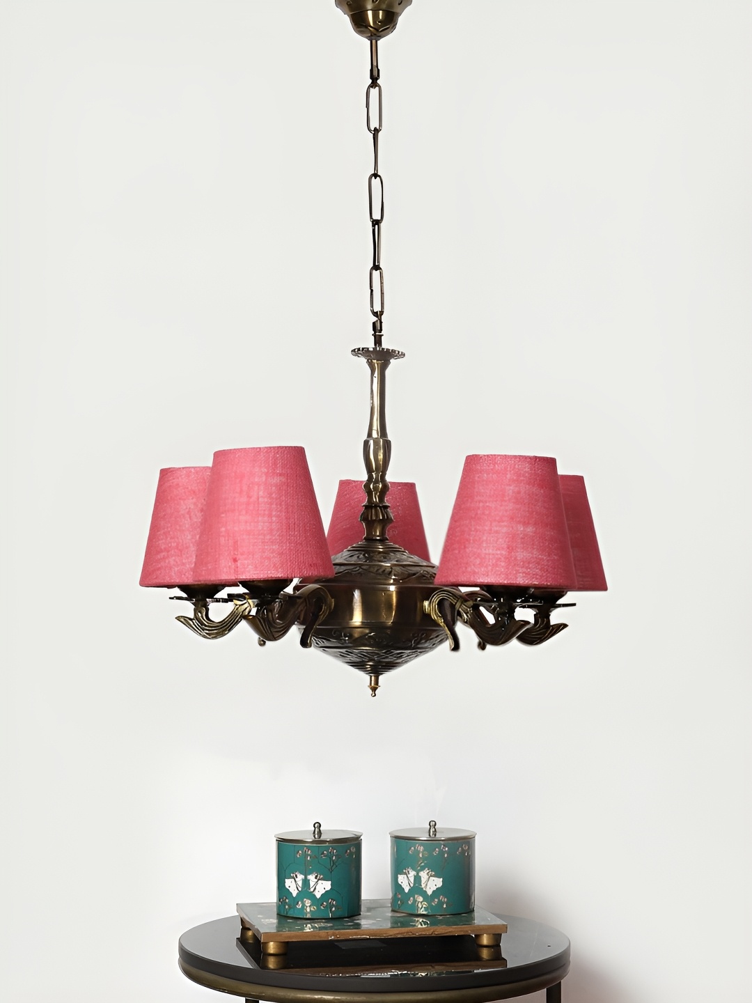 

Devansh Pink & Black Jute conical shade with Antique Golden Chandelier Metal Ceiling Lamp