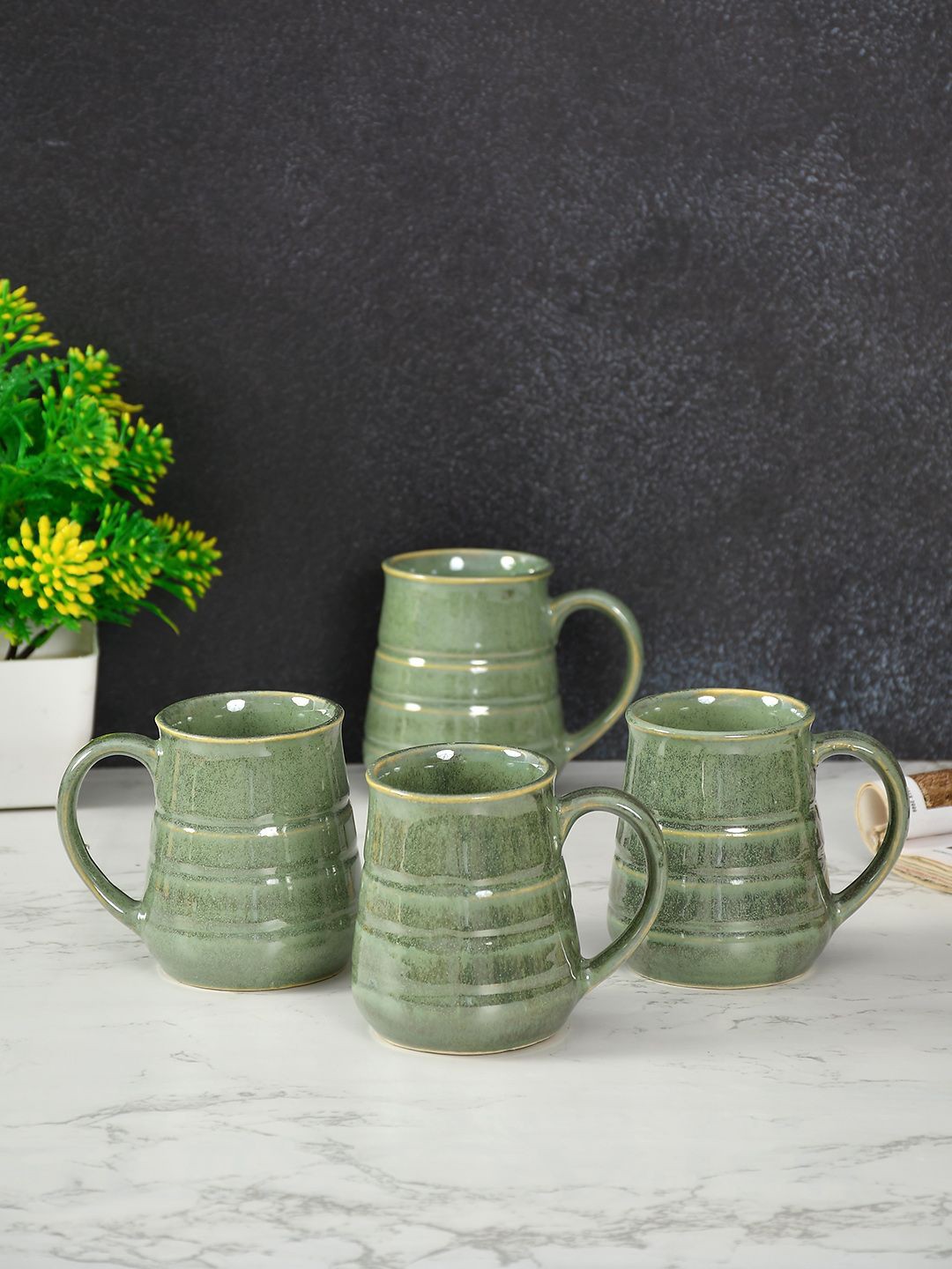 

CLIO'S HERITAGE STORE Green 4 Pieces Textured Ceramic Glossy Mugs 180ml Each