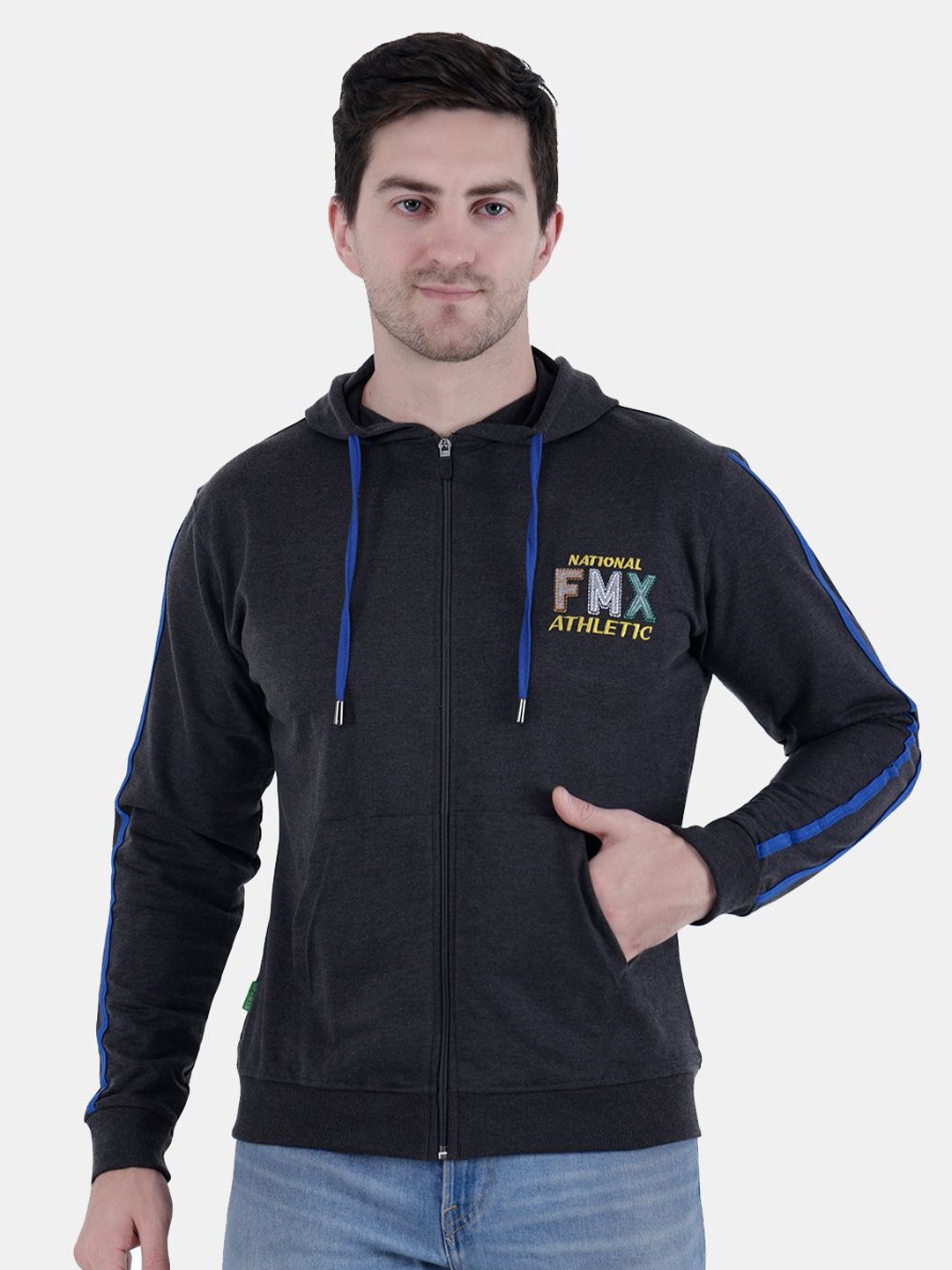 

FILMAX ORIGINALS Men Cotton Hooded Front-Open Casual Applique Sweatshirt, Charcoal