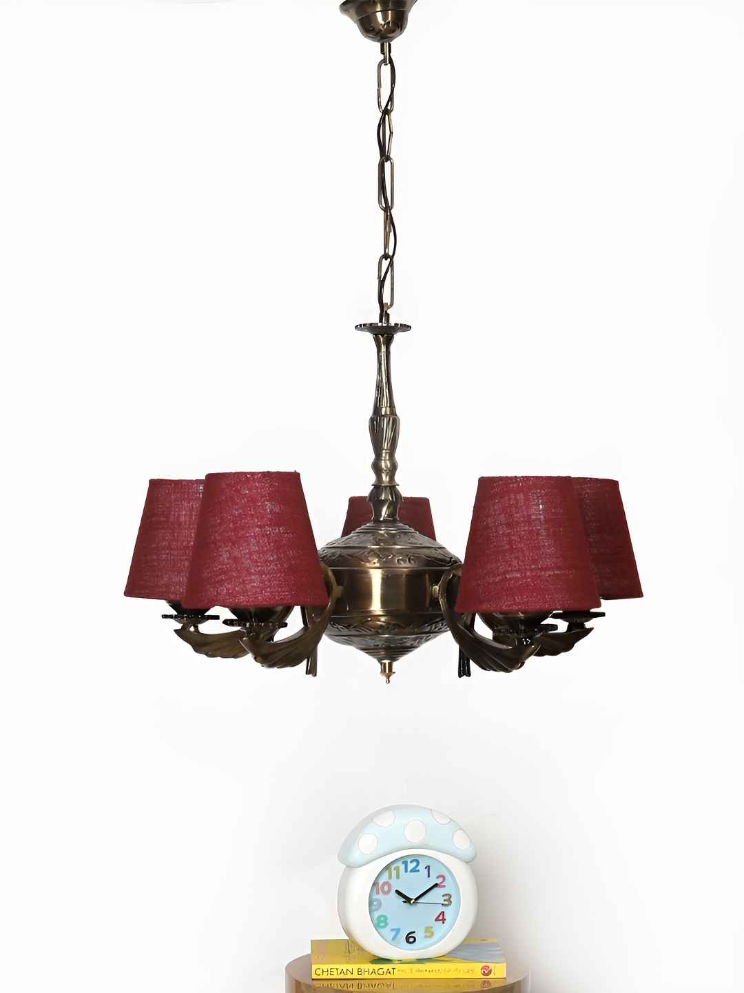 

Devansh Pink & Brown Conical shade with Antique Golden Chandelier Metal Ceiling Lamp