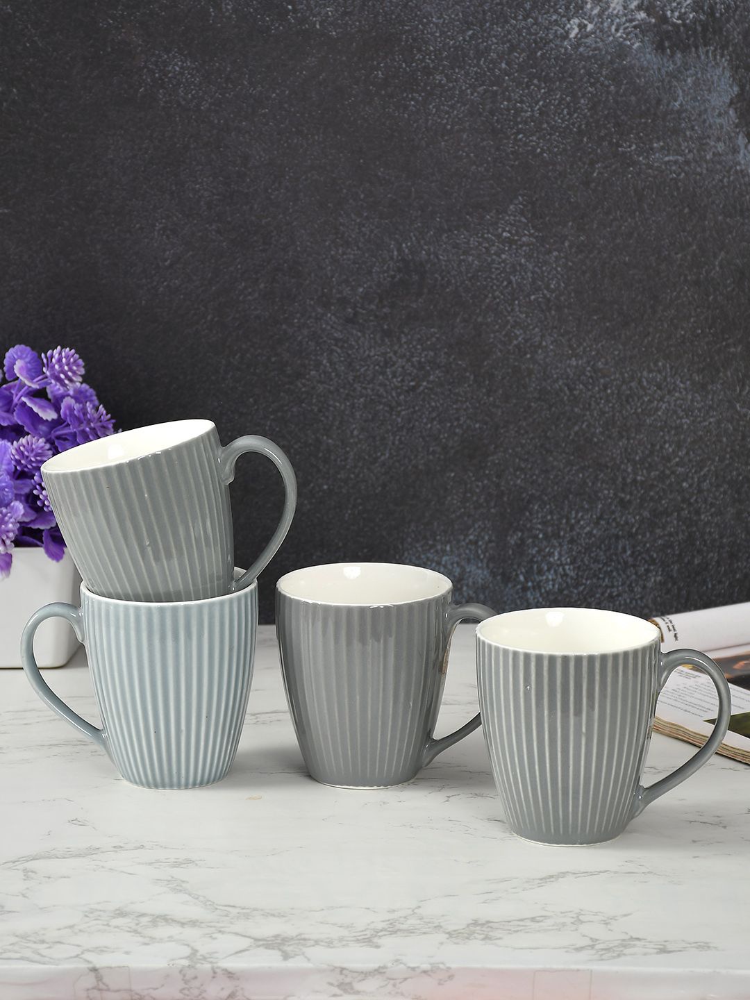 

CLIO'S HERITAGE STORE Grey 4 Pieces Textured Ceramic Glossy Mugs 300 ml