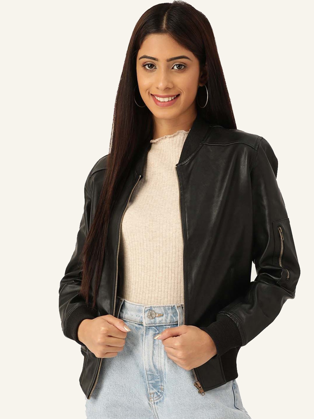 

Leather Retail Women Stand Collar Solid PU Casual Biker Jacket, Black