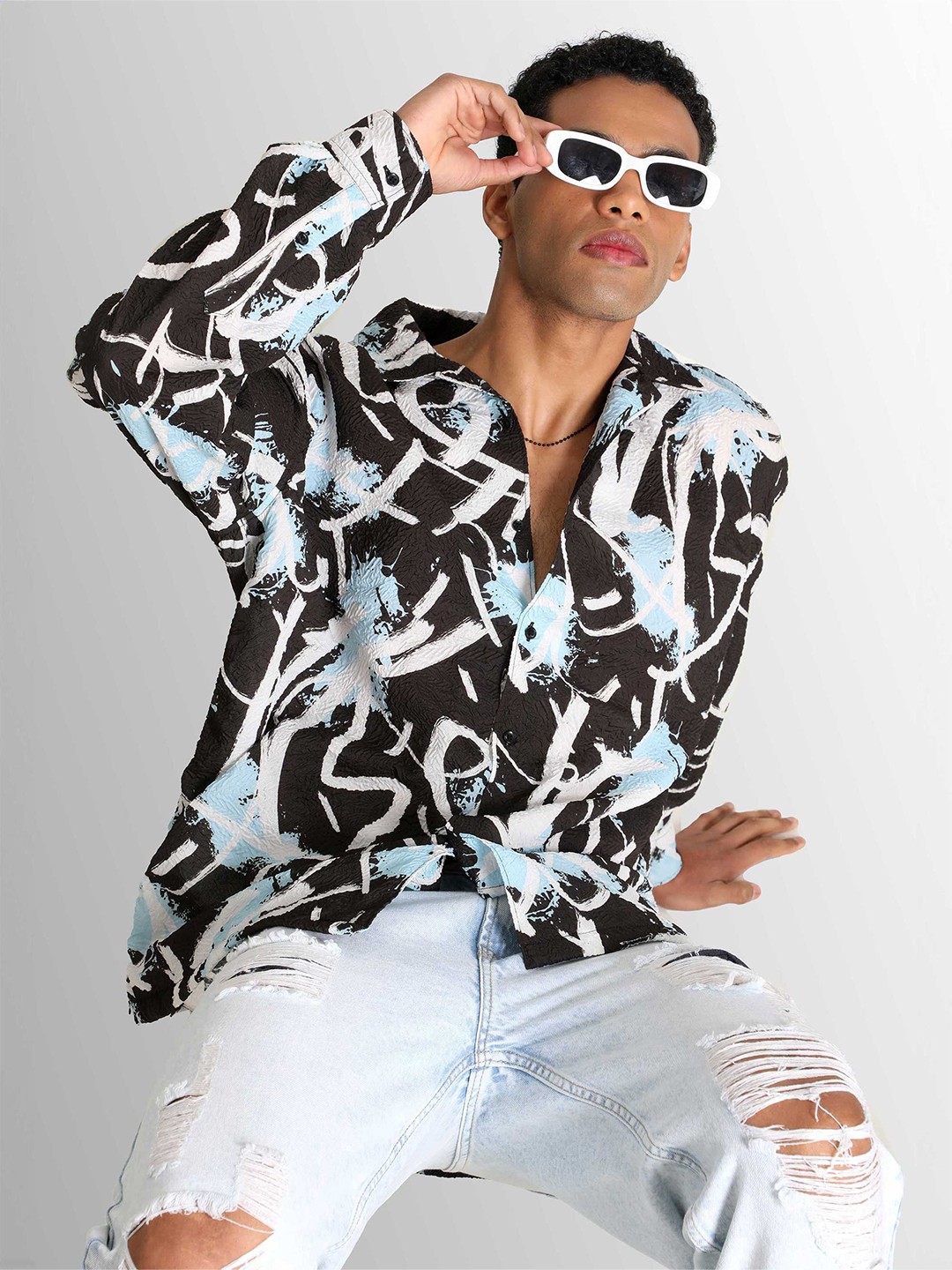 

Bene Kleed Men Classic Cuban Collar Abstract Printed Oversized Casual Shirt, Black