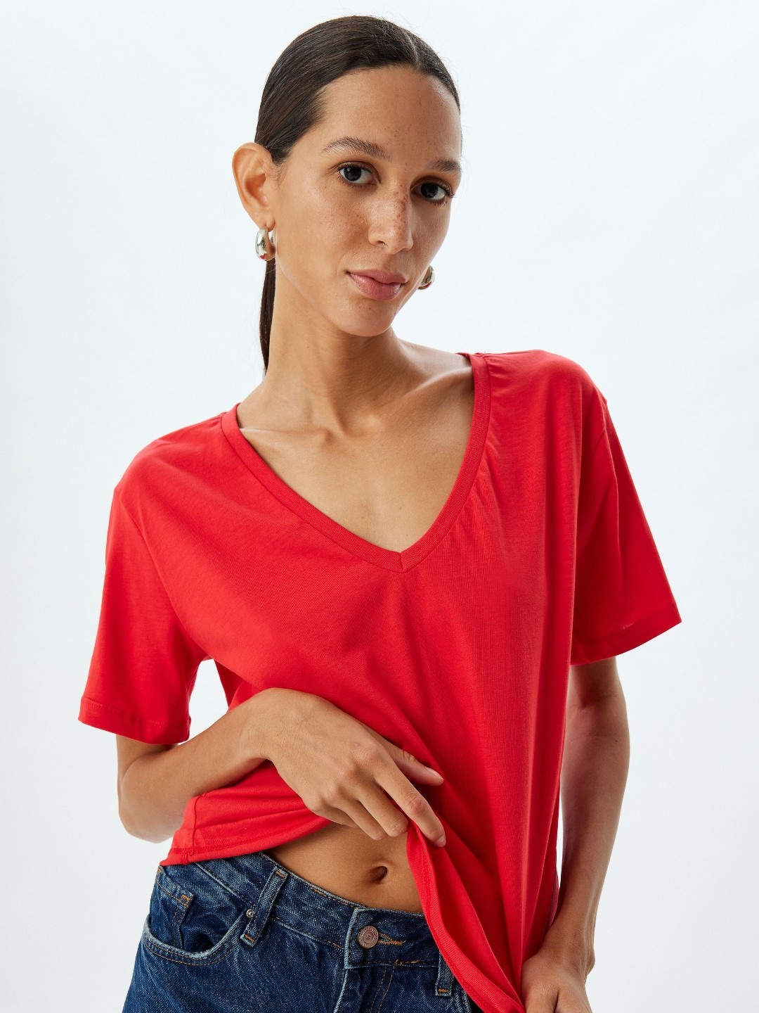 

Koton Women Solid V-Neck Cotton Relaxed Fit T-shirt, Red