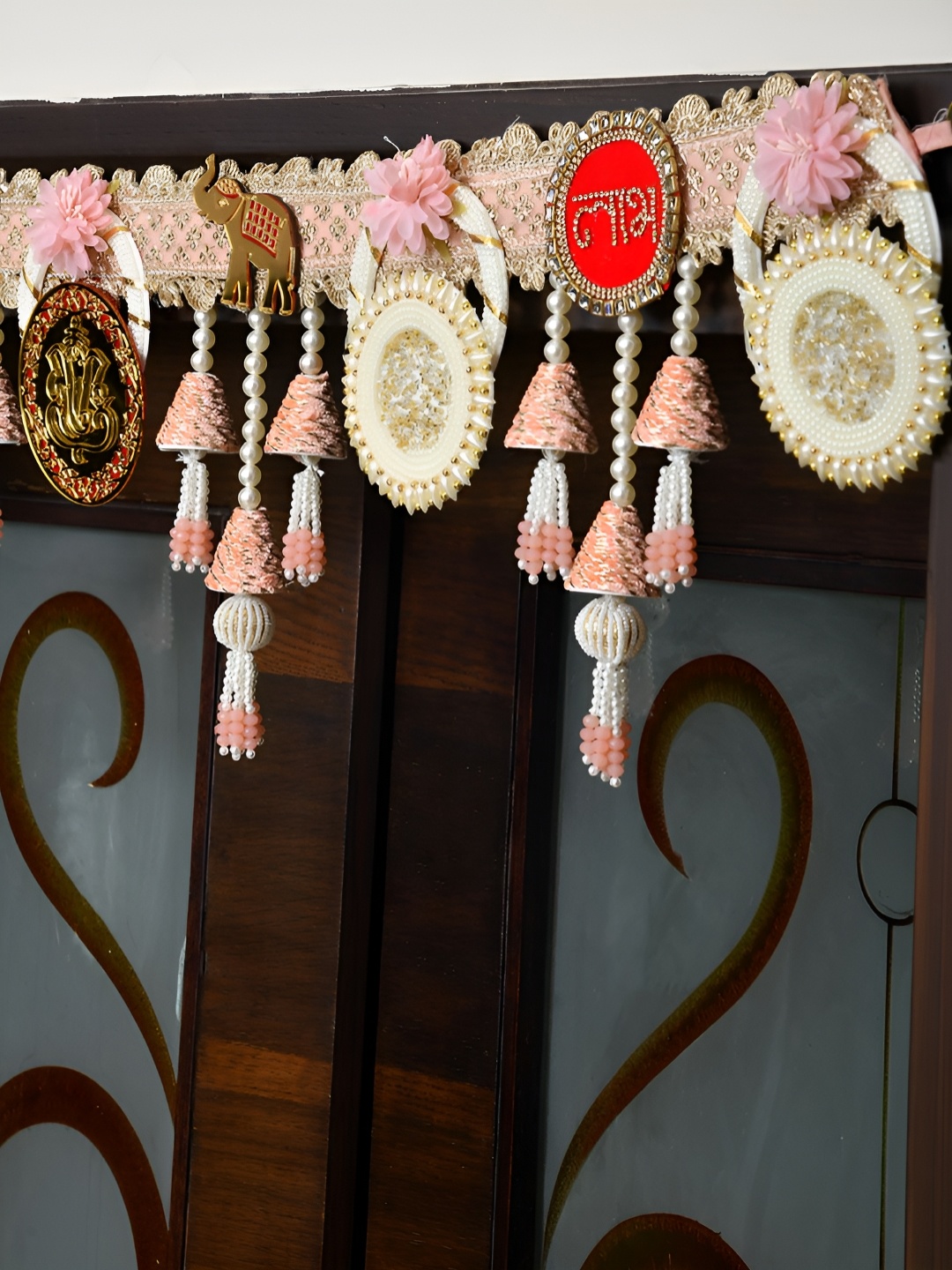 

Aapno Rajasthan Pink & White Embroidered Beaded Tassel Door Toran