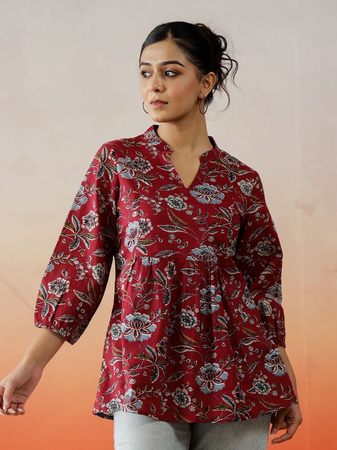 

SANSKRUTIHOMES Women Floral Print Cotton Top, Maroon