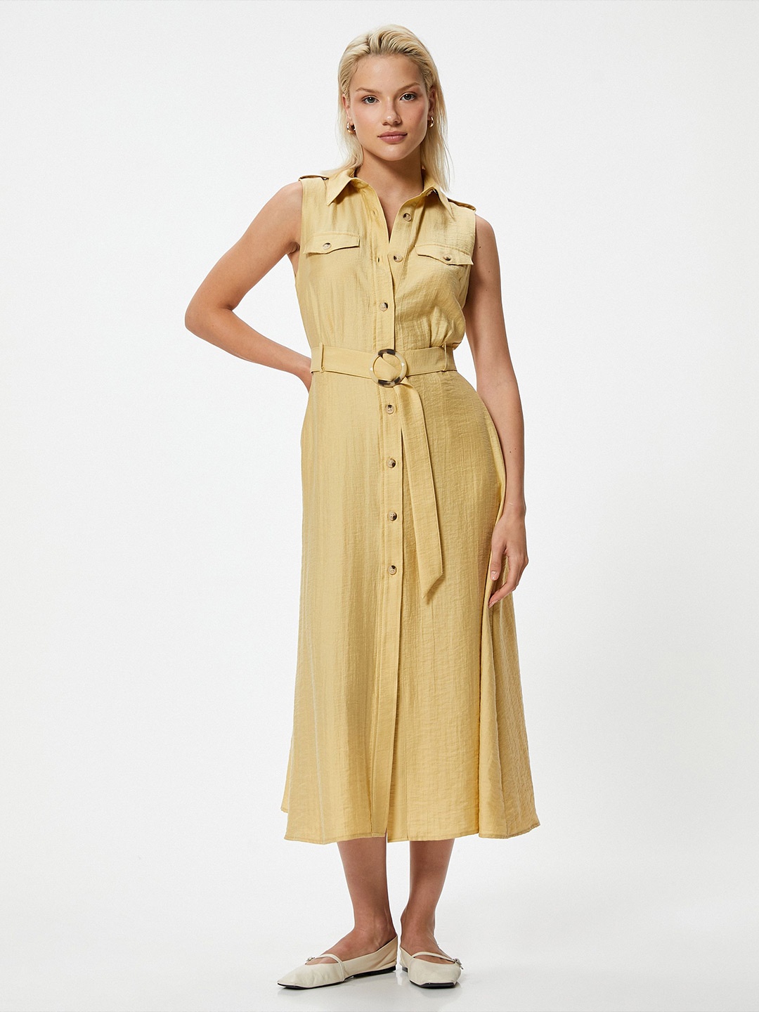 

Koton Shirt Collar Sleeveless Shirt Midi Dress, Yellow