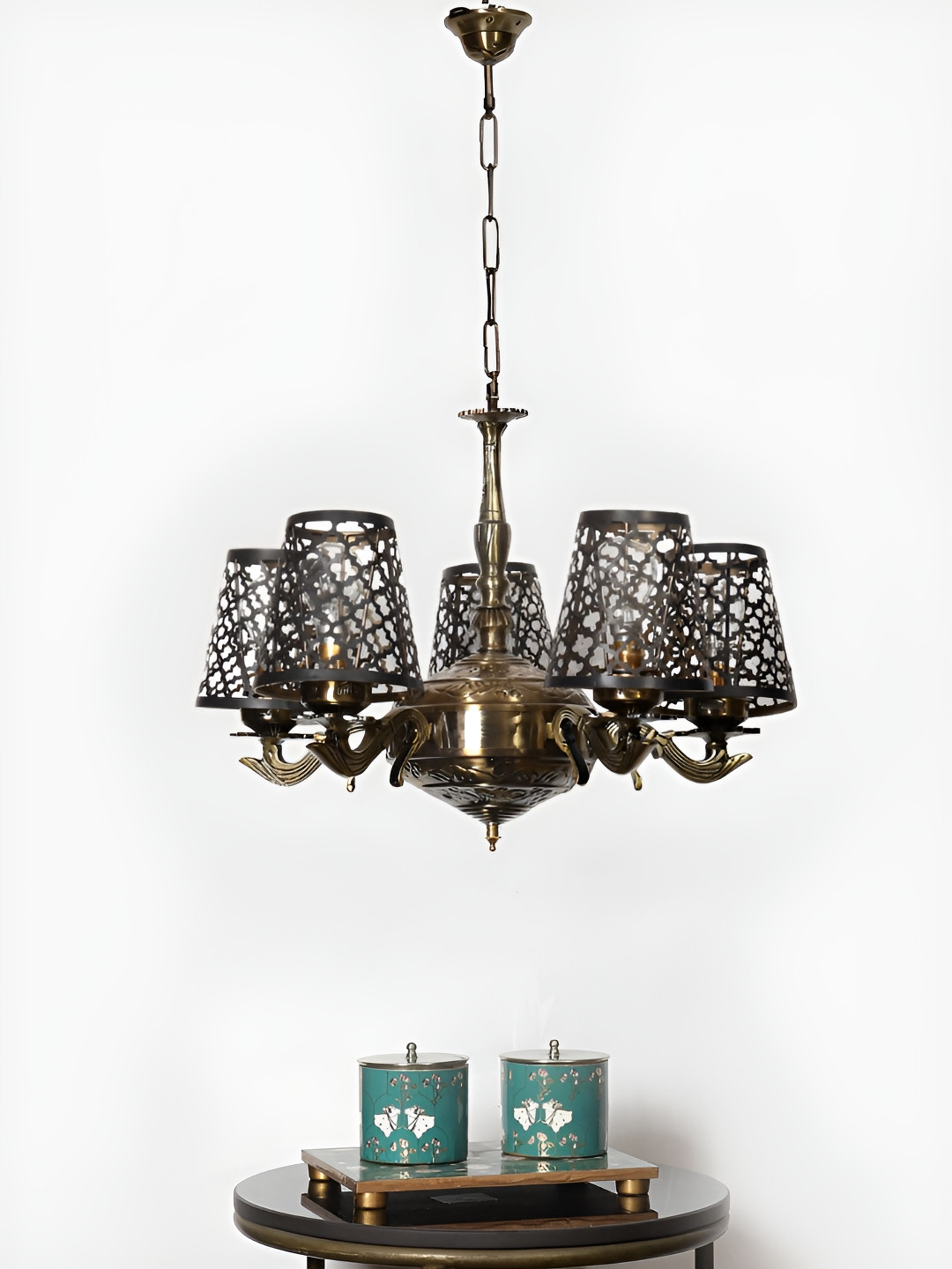 

Devansh Black & Gold-Toned Metal Etched shade with Antique Golden Chandelier Ceiling Lamp