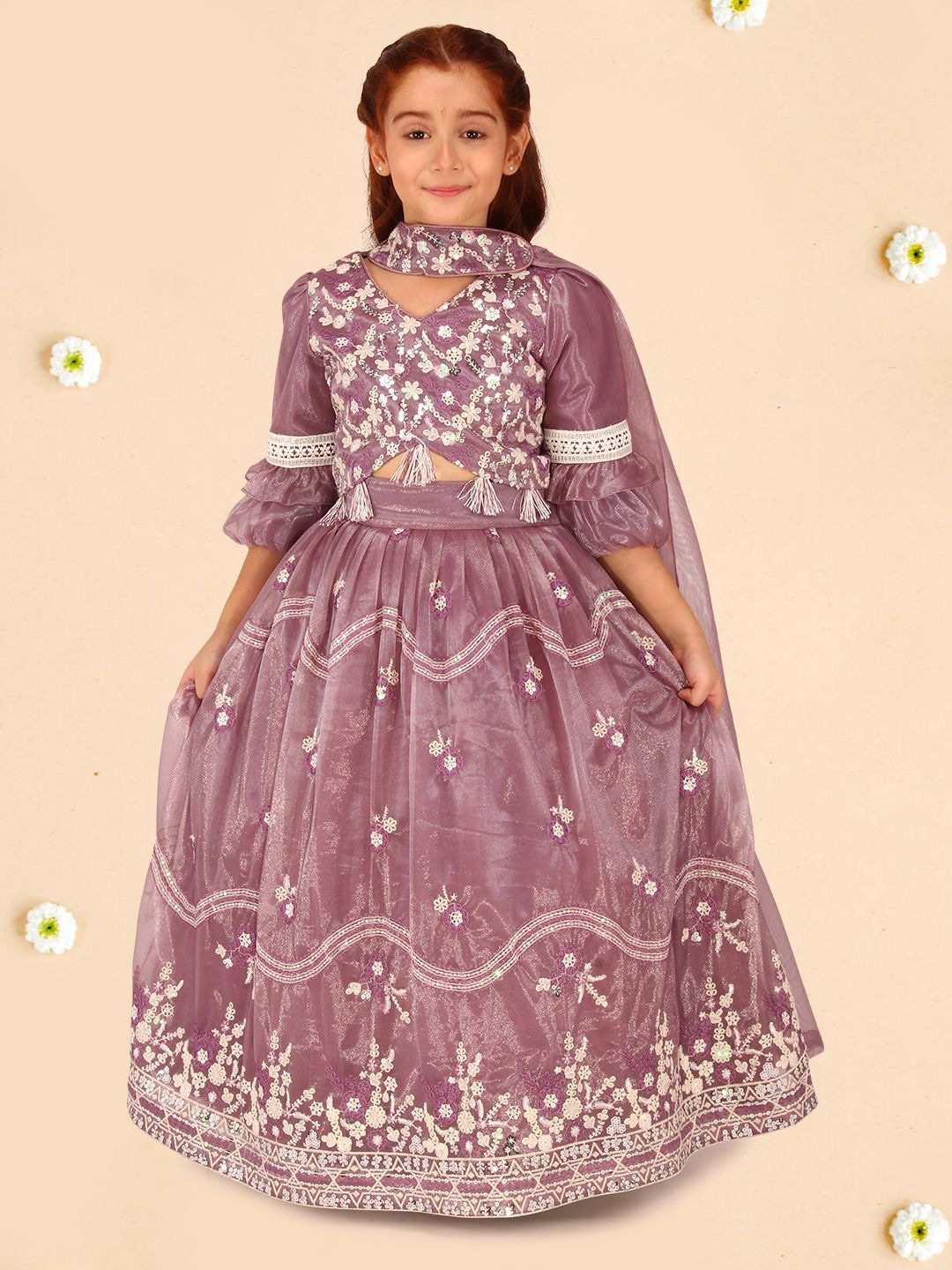 

CUTECUMBER Girls Embroidered Sequinned Organza Ready to Wear Lehenga & Blouse With Dupatta, Purple