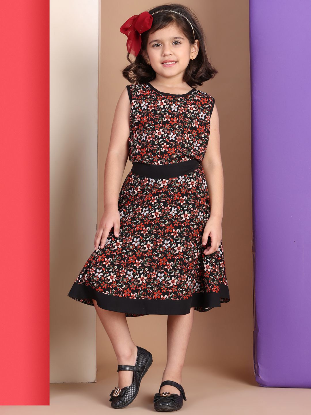 

Baawri Girls Floral Print A-Line Dress, Black