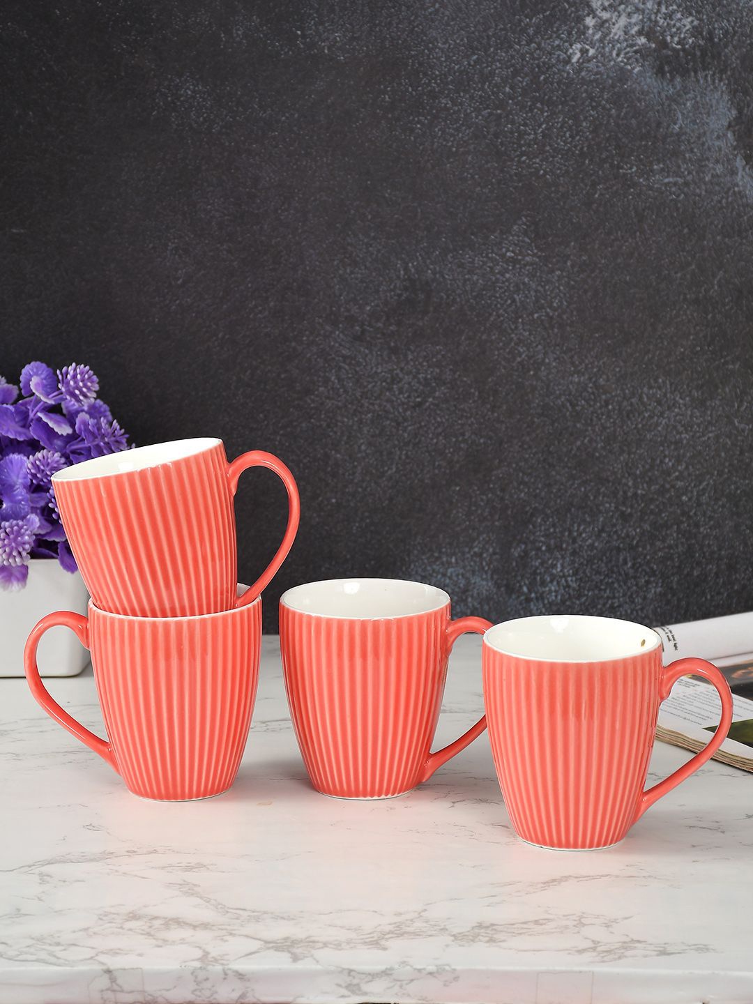 

CLIO'S HERITAGE STORE Peach-Coloured 4 Pieces Textured Ceramic Glossy Mugs