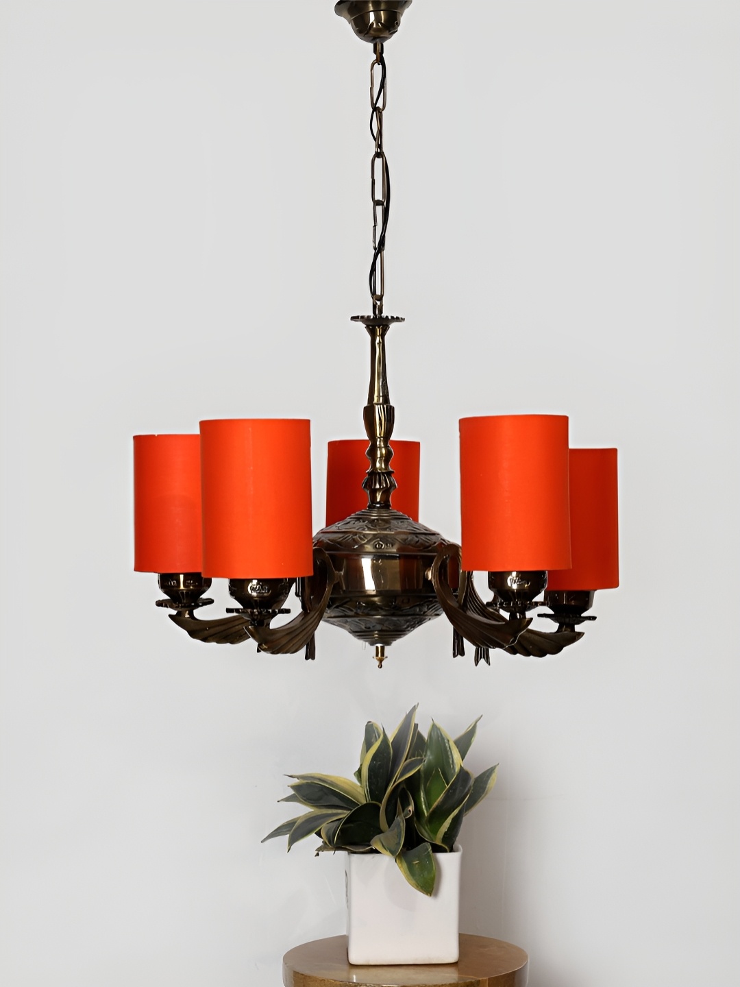 

Devansh Orange Round cotton shade with Antique Golden Chandelier Metal Ceiling Lamp