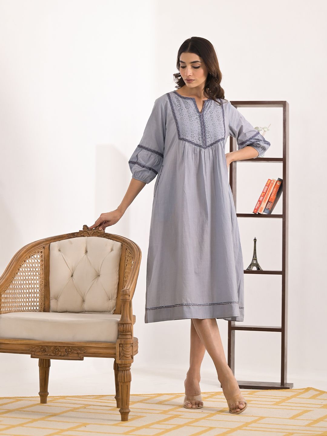 

ARAVALII Women Embroidered Fit & Flare Dress, Grey