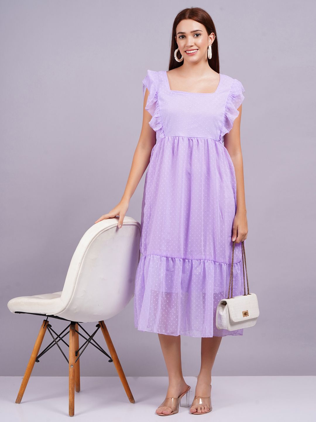 

JC4U Self Design Flutter Sleeve Georgette A-line Midi Dress, Lavender