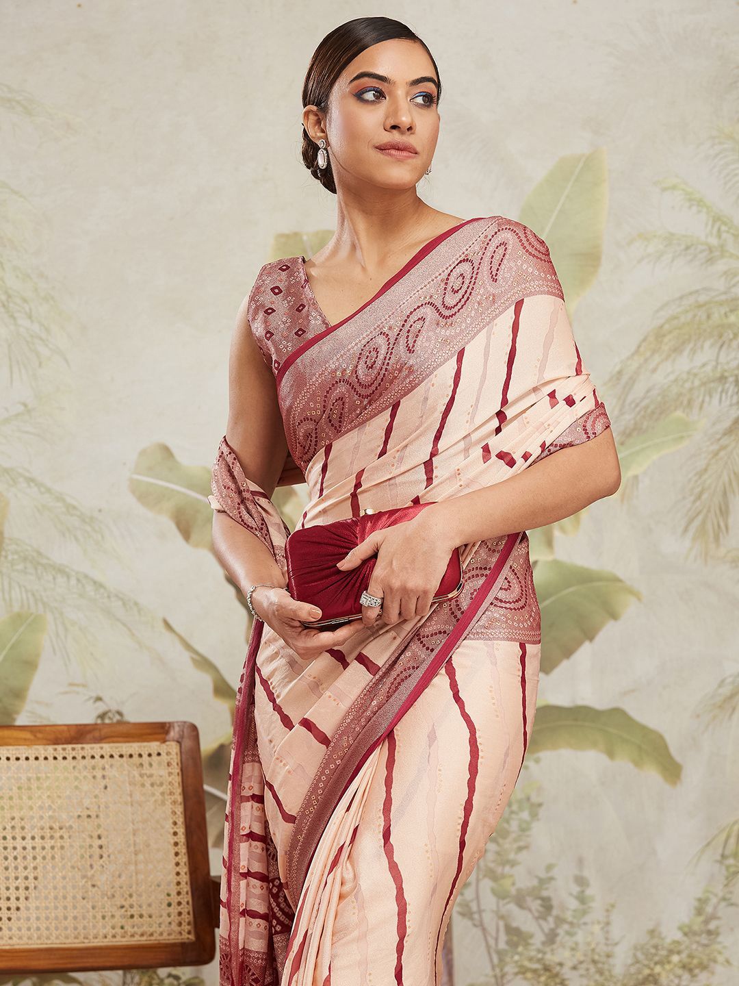 

RACHNA Bandhani Printed Zari Brasso Saree, Peach