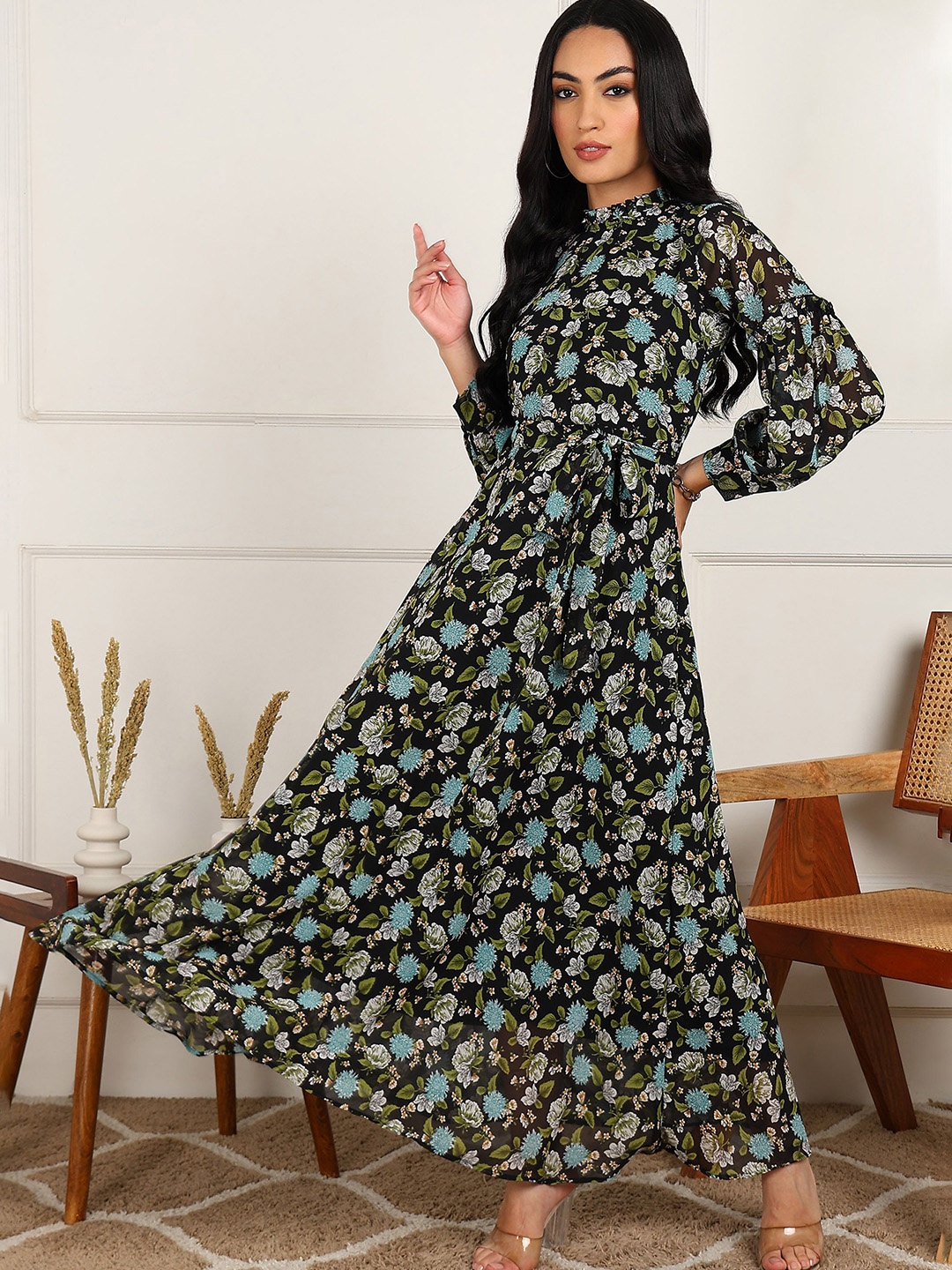 

Fashfun Women Floral Printed Cuffed Sleeve Georgette Fit & Flare Maxi Dress, Black
