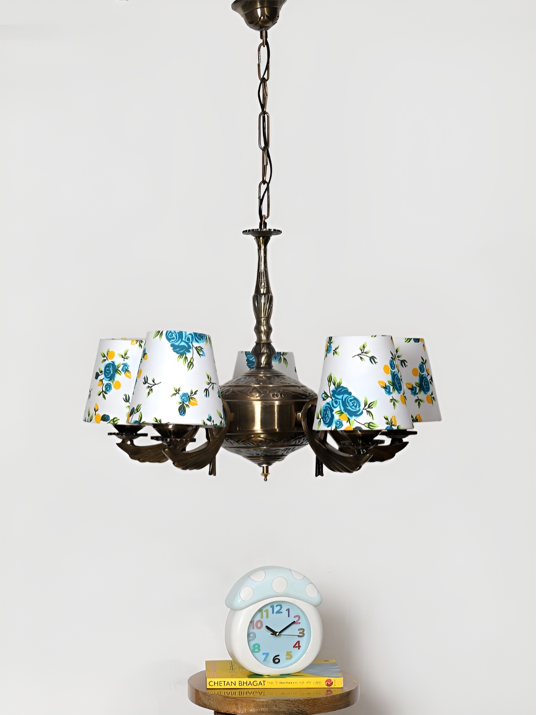 

Devansh White Conical cotton shade with Antique Golden Chandelier Metal Ceiling Lamp